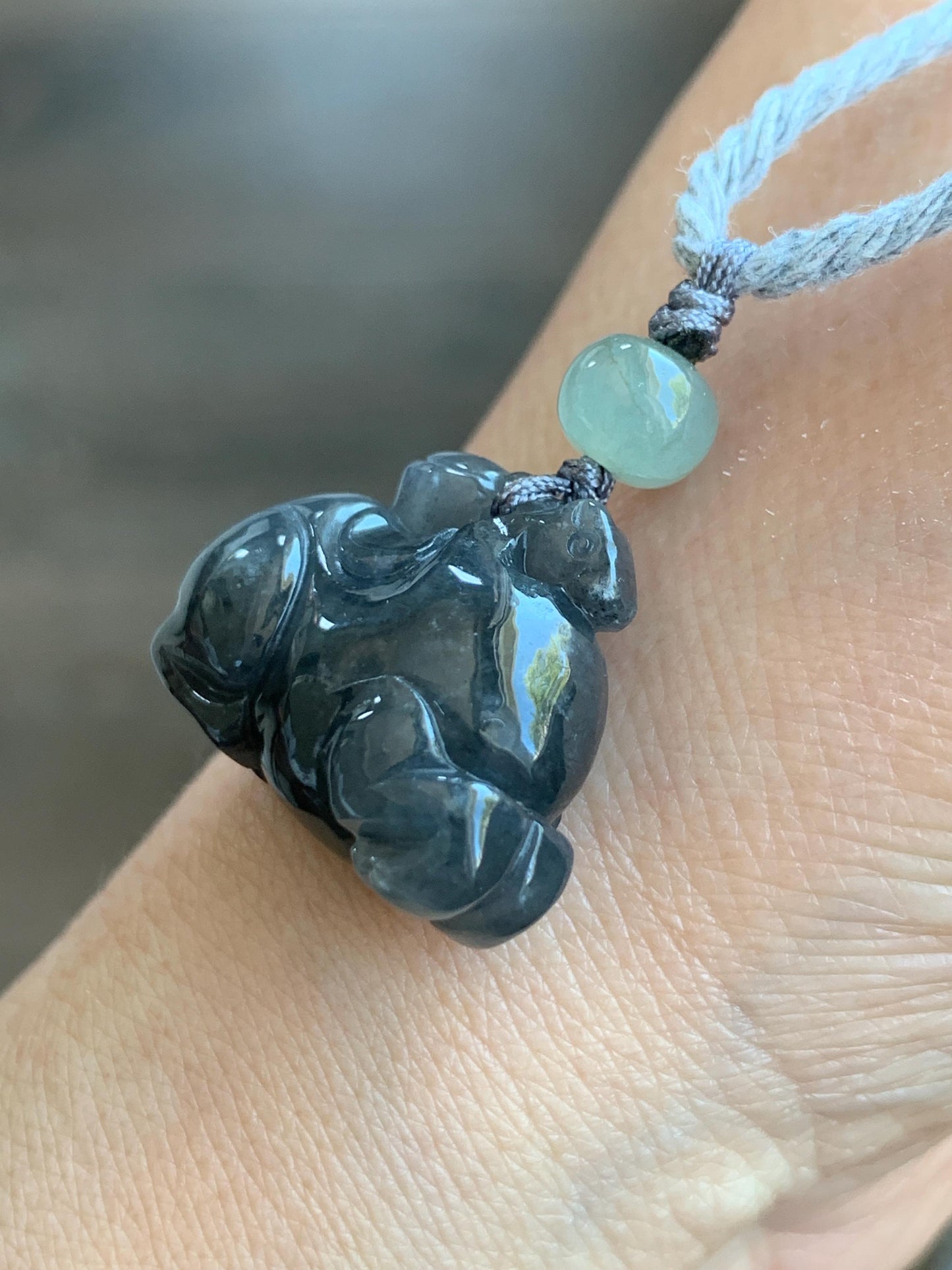 Natural Grade A Icy Translucent Gelatinous Dark Wuji Jade Jadeite Carved Tang Horse Pendant Rope Necklace 26" 11g 天然冰透乌鸡翡翠唐马吊坠挂件 TMW407