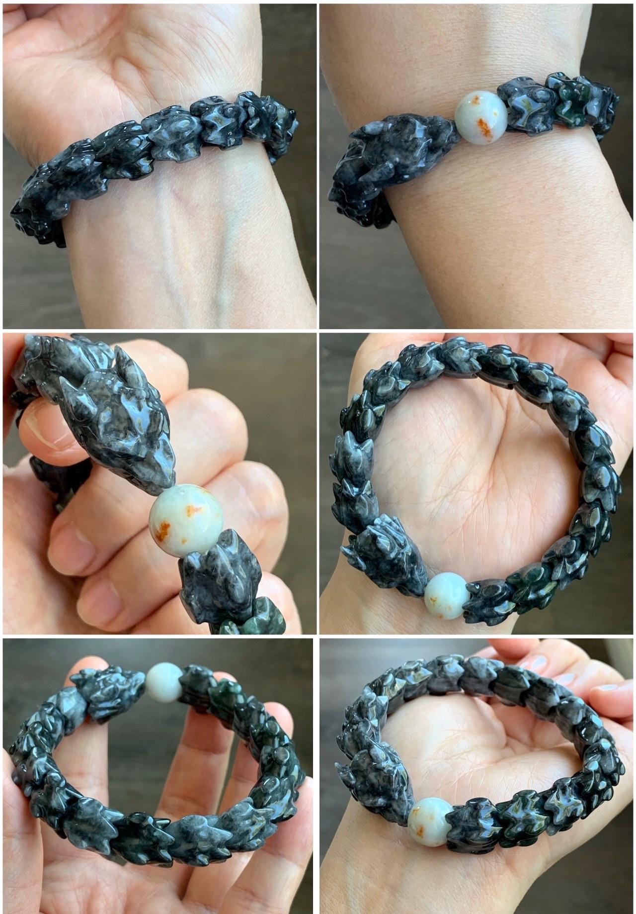 Natural Grade A Icy Wuji Jadeite Carved Dragon Bone & Icy Translucent Red Marbled Jadeite Bead Beaded Bracelet 7.75" 55g 天然乌鸡翡翠龙骨撒金翡翠珠手串 WLG