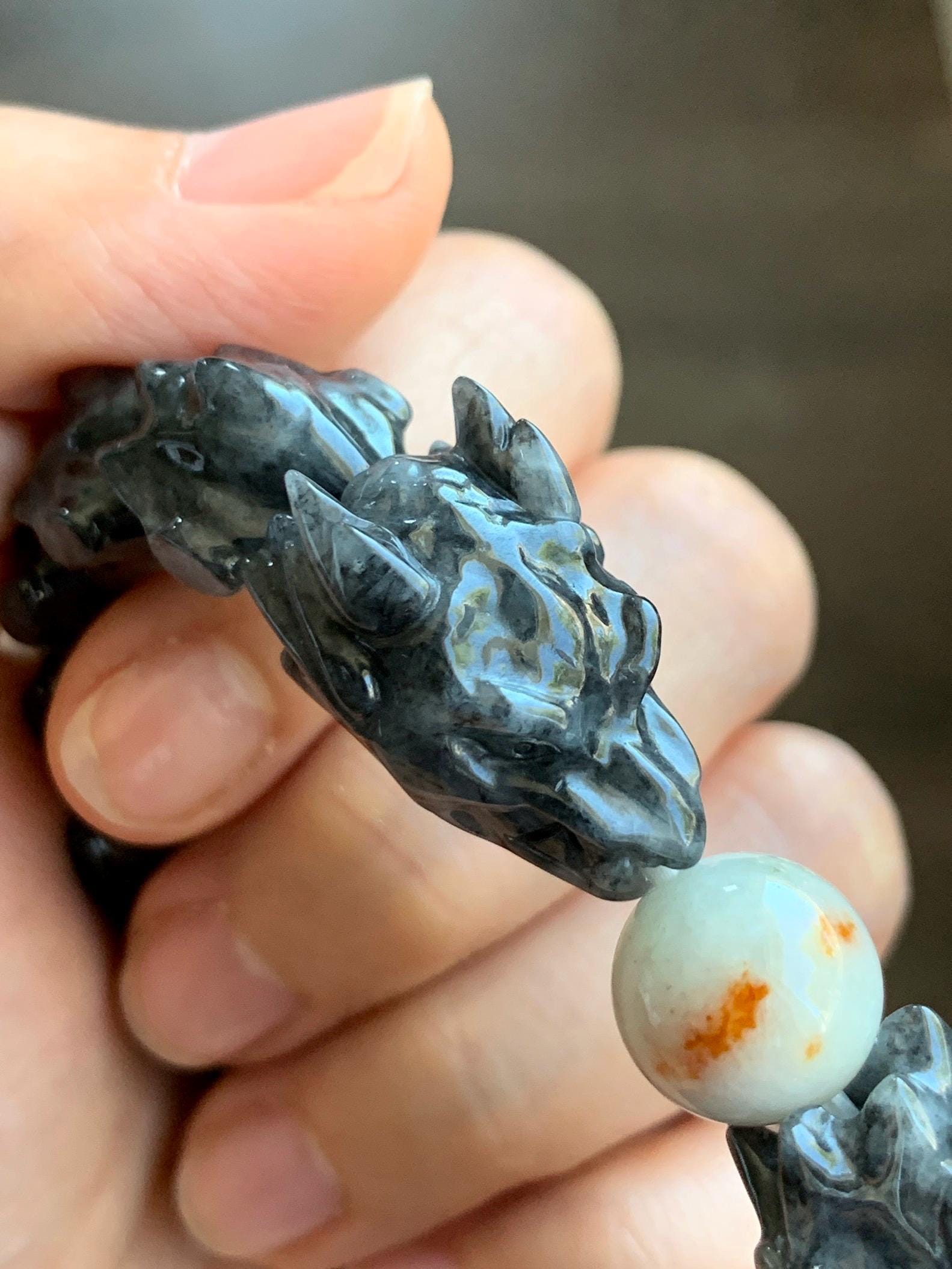 Natural Grade A Icy Wuji Jadeite Carved Dragon Bone & Icy Translucent Red Marbled Jadeite Bead Beaded Bracelet 7.75" 55g 天然乌鸡翡翠龙骨撒金翡翠珠手串 WLG