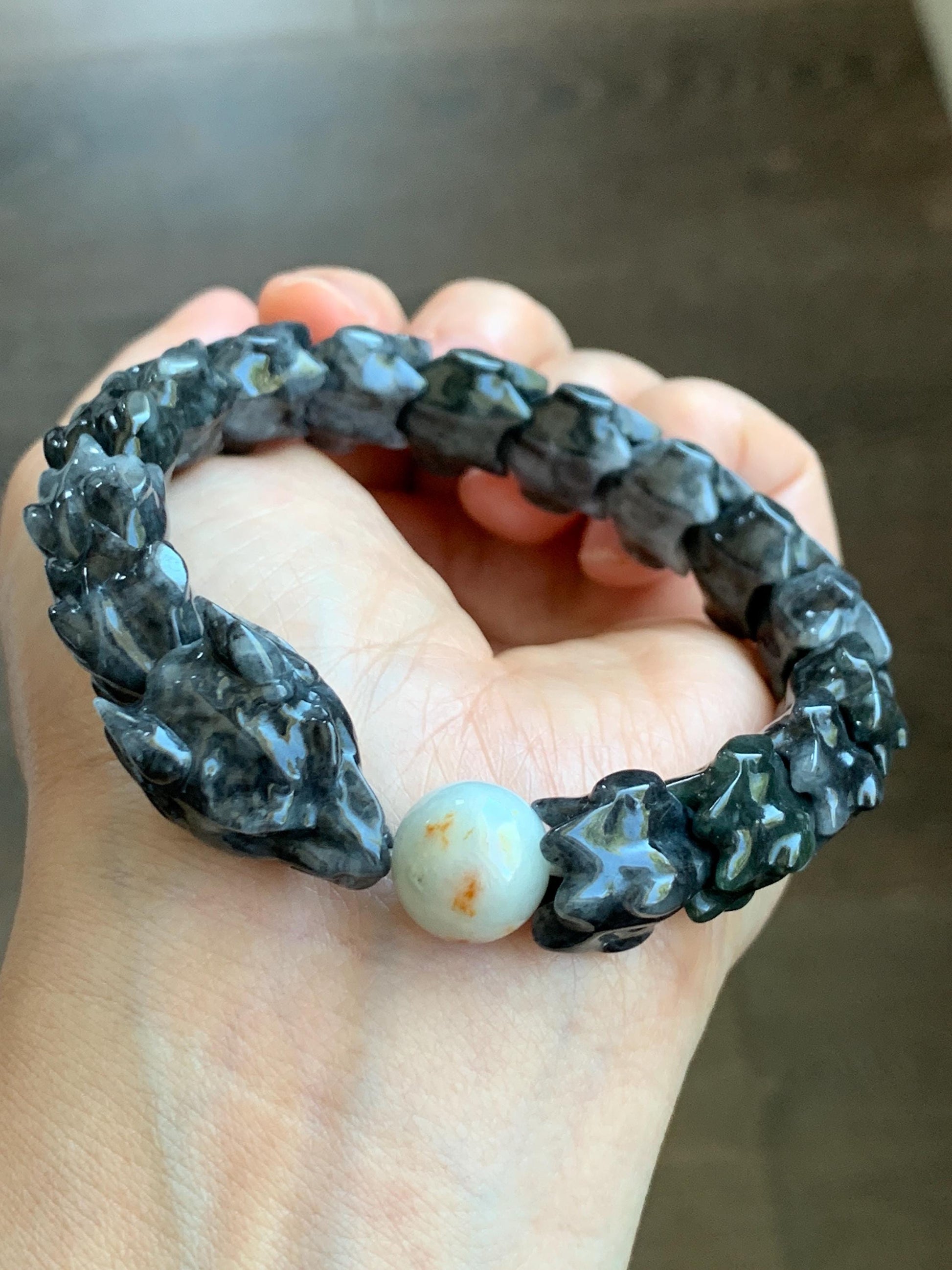 Natural Grade A Icy Wuji Jadeite Carved Dragon Bone & Icy Translucent Red Marbled Jadeite Bead Beaded Bracelet 7.75" 55g 天然乌鸡翡翠龙骨撒金翡翠珠手串 WLG