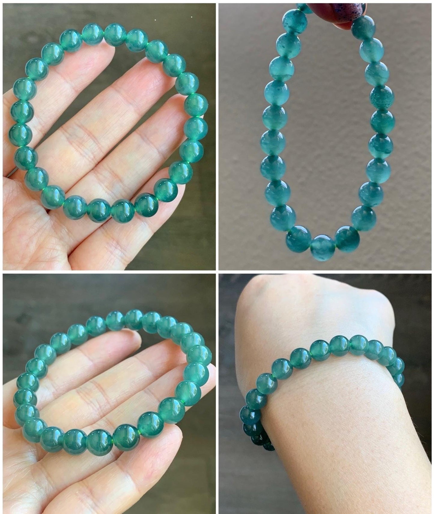 Natural Grade A Guatemalan Icy Highly Translucent Light Teal Green Jade Jadeite Beaded Bracelet 7.8mm 7” 19g 天然老种冰危浅蓝绿翡翠手串 ZKWQ
