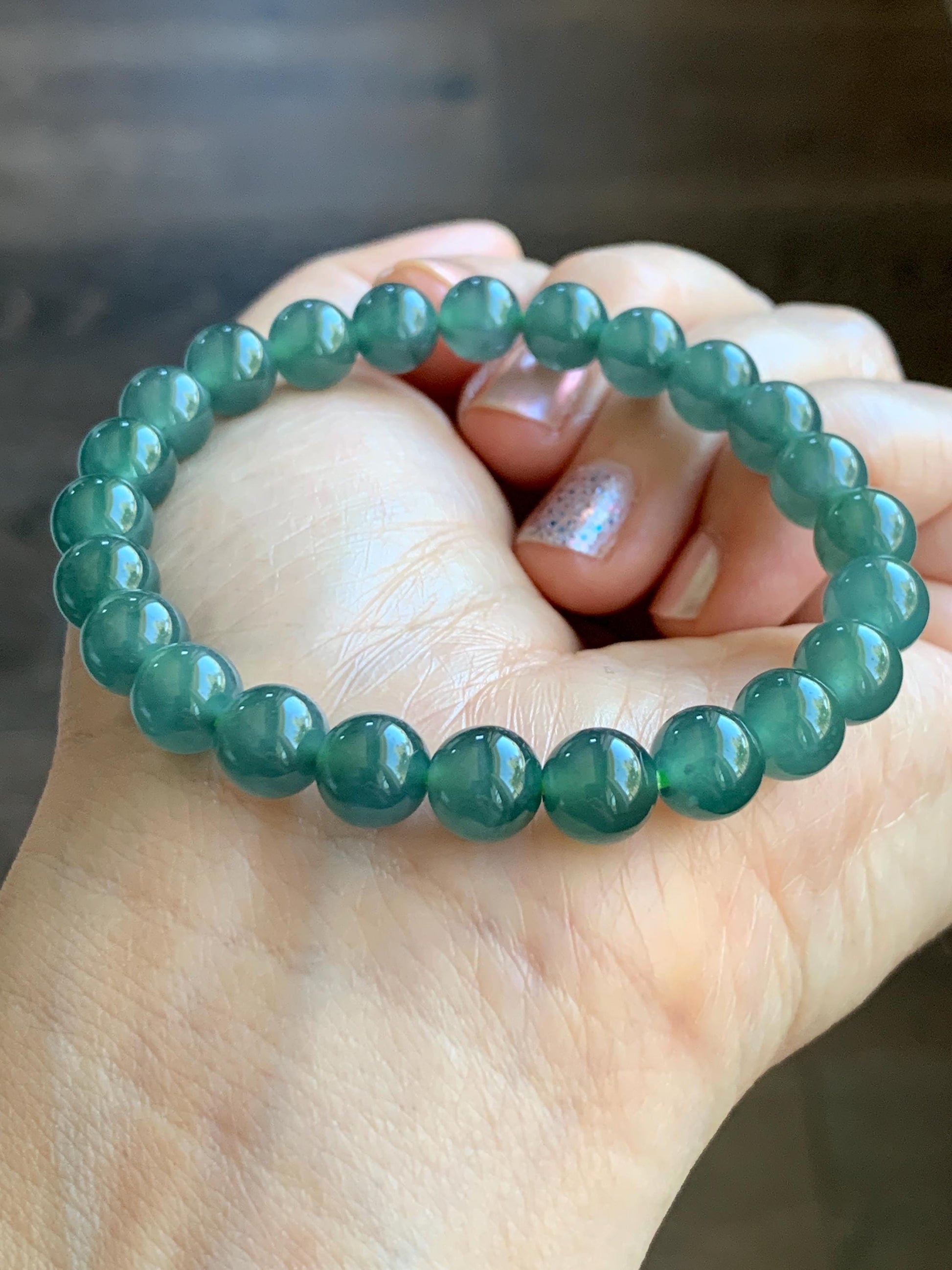Natural Grade A Guatemalan Icy Highly Translucent Light Teal Green Jade Jadeite Beaded Bracelet 7.8mm 7” 19g 天然老种冰危浅蓝绿翡翠手串 ZKWQ