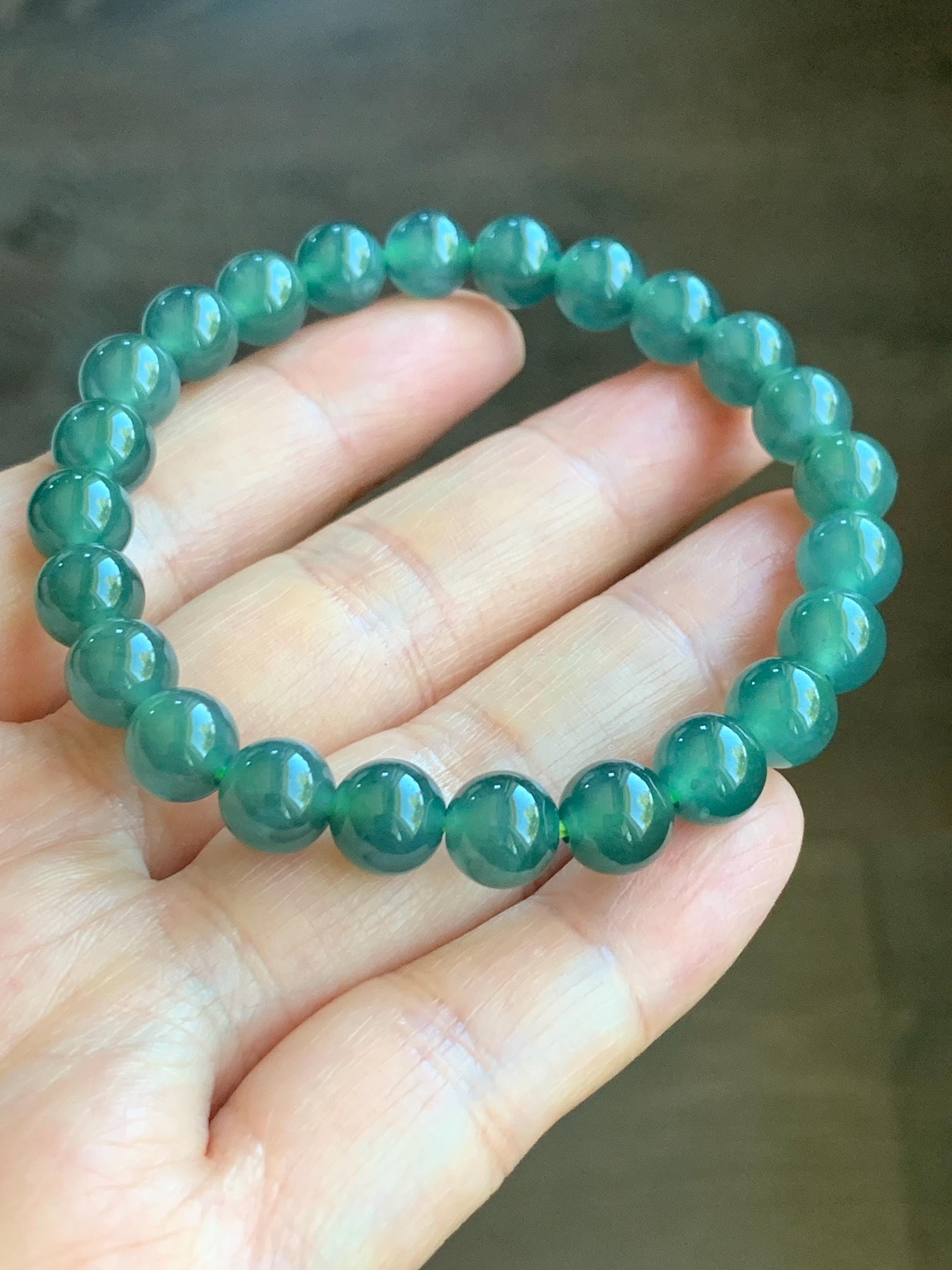 Natural Grade A Guatemalan Icy Highly Translucent Light Teal Green Jade Jadeite Beaded Bracelet 7.8mm 7” 19g 天然老种冰危浅蓝绿翡翠手串 ZKWQ