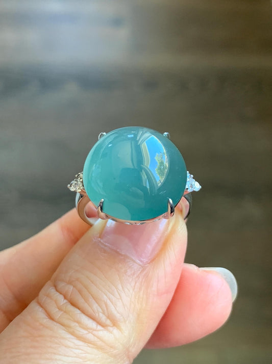 Certified Natural Guatemalan Icy Translucent Teal Blue Jadeite Round Solitaire Ring Sterling Silver Size 7.25 US 9.2g 天然冰危蓝翡翠大蛋面镶嵌戒指 3035