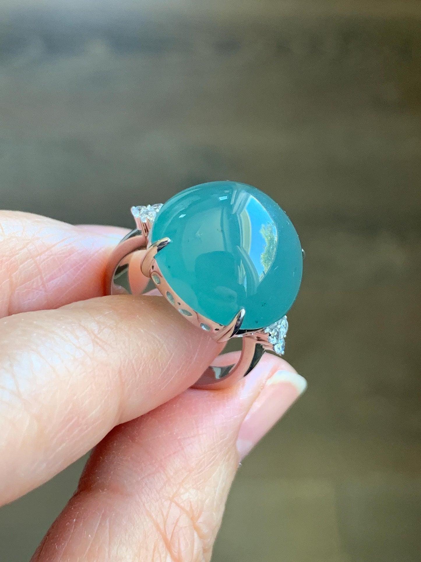 Certified Natural Guatemalan Icy Translucent Teal Blue Jadeite Round Solitaire Ring Sterling Silver Size 7.25 US 9.2g 天然冰危蓝翡翠大蛋面镶嵌戒指 3035