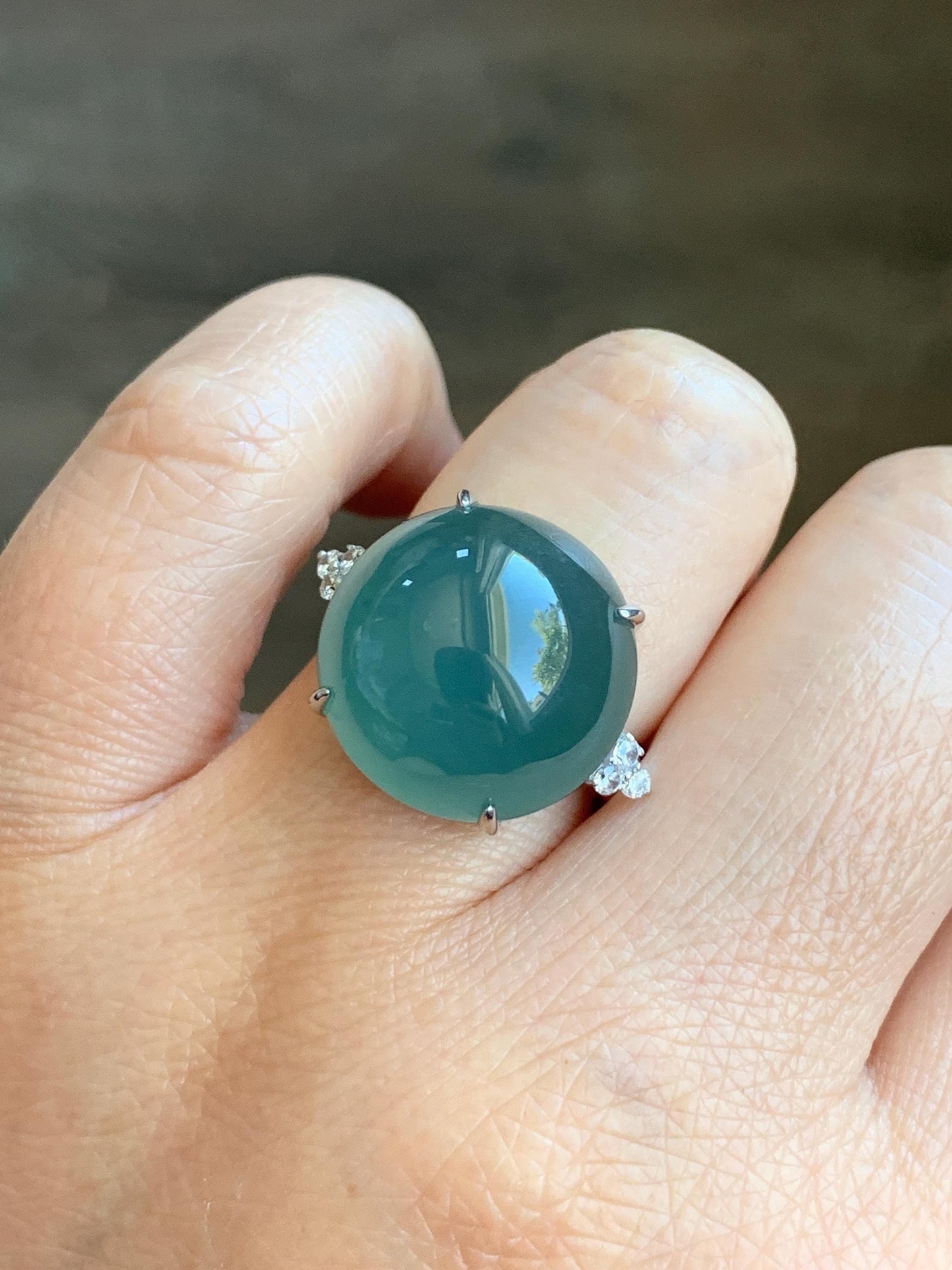 Certified Natural Guatemalan Icy Translucent Teal Blue Jadeite Round Solitaire Ring Sterling Silver Size 7.25 US 9.2g 天然冰危蓝翡翠大蛋面镶嵌戒指 3035