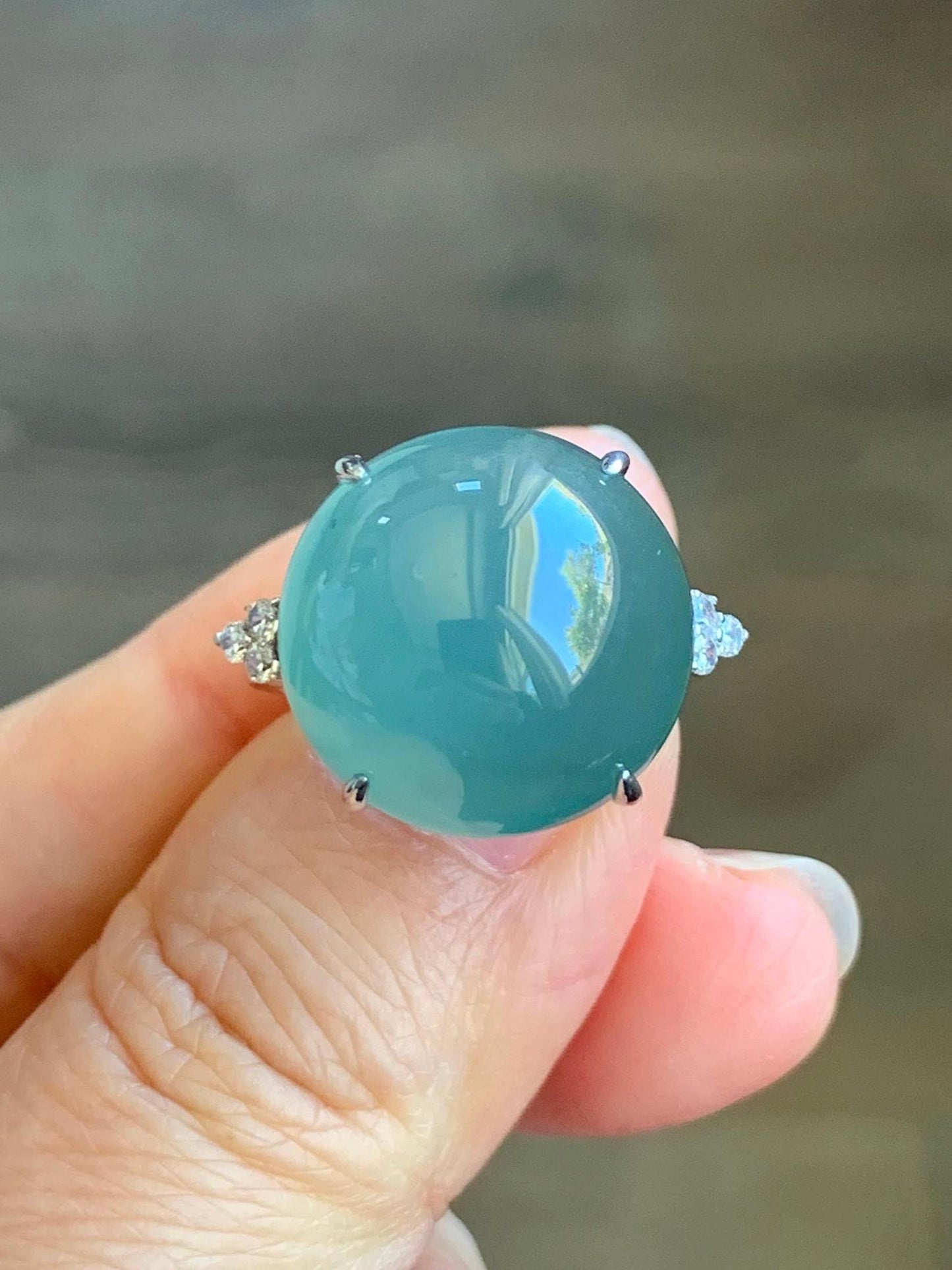 Certified Natural Guatemalan Icy Translucent Teal Blue Jadeite Round Solitaire Ring Sterling Silver Size 7.25 US 9.2g 天然冰危蓝翡翠大蛋面镶嵌戒指 3035