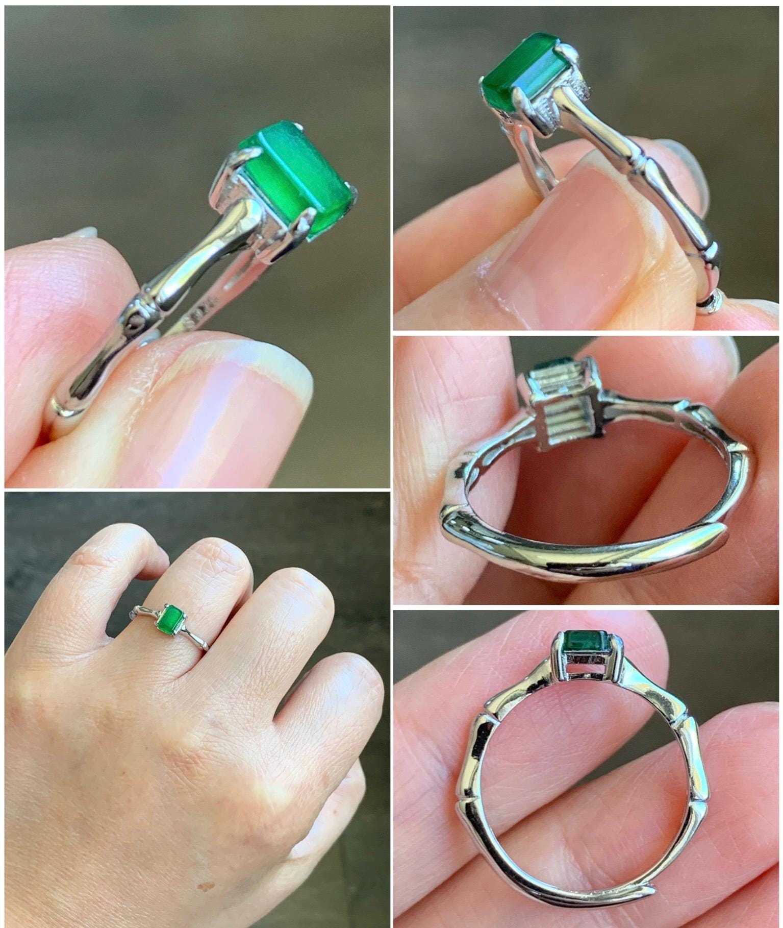 Natural Grade A Guatemalan Icy Translucent Vibrant Green Jadeite Bamboo Ring Sterling Silver Size Adjustable 天然冰危绿切割面翡翠竹节银镶戒指 ZJL55A