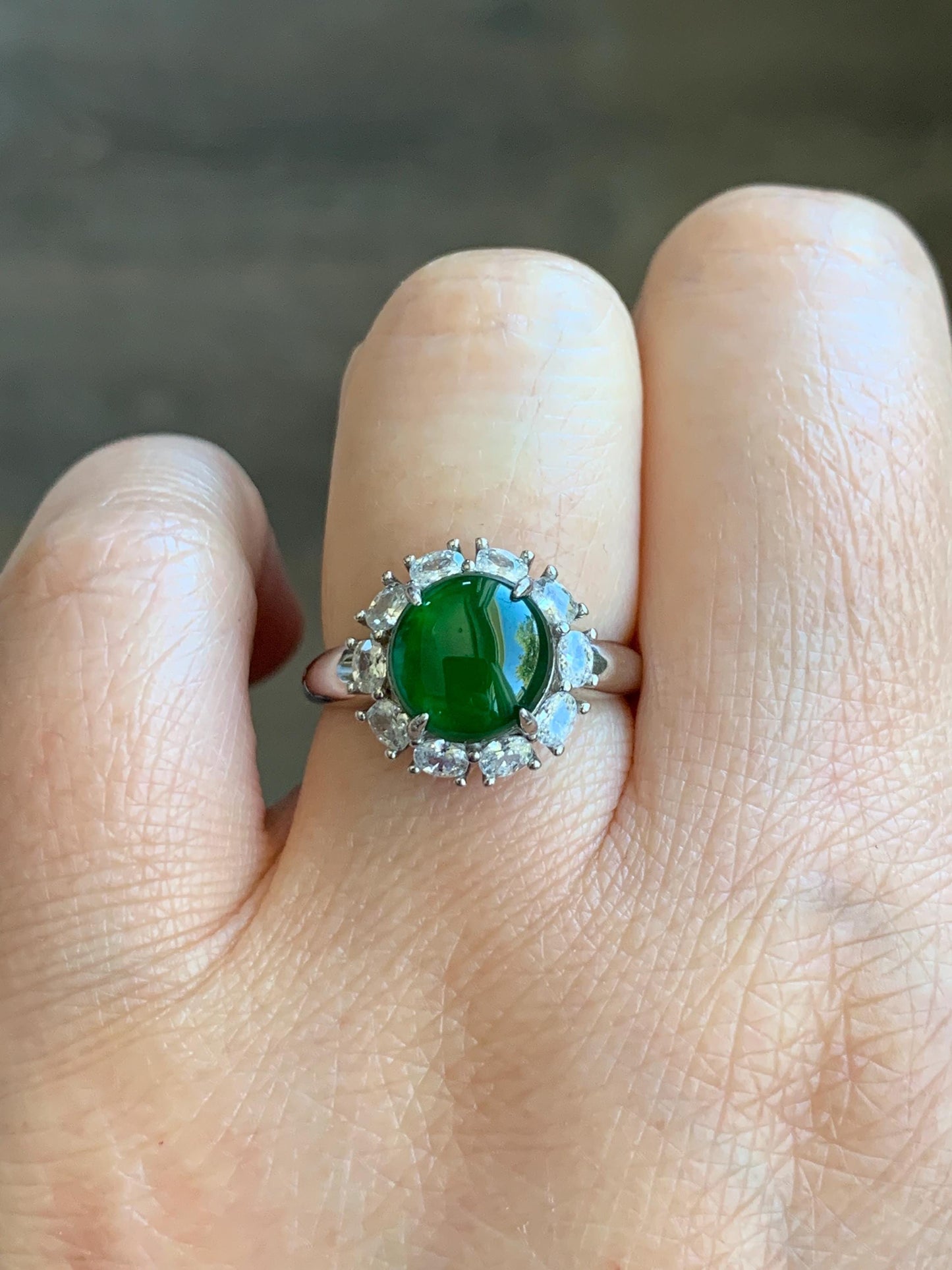 Natural Grade A Guatemalan Icy Translucent Vibrant Green Round Cabochon Jadeite Halo Ring Sterling Silver Size Adjustable 天然冰危绿翡翠银镶戒指 WLH150