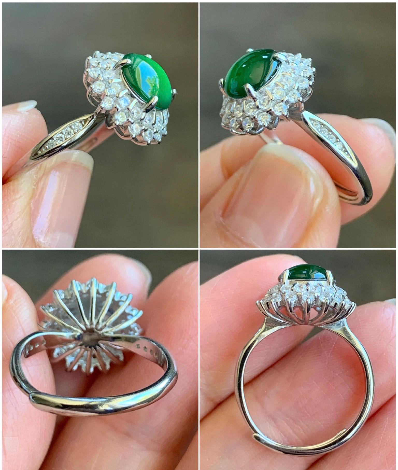 Natural Grade A Guatemalan Icy Translucent Vibrant Green Round Cabochon Jadeite Halo Ring Sterling Silver Size Adjustable 天然冰危绿翡翠银镶戒指 WLH110