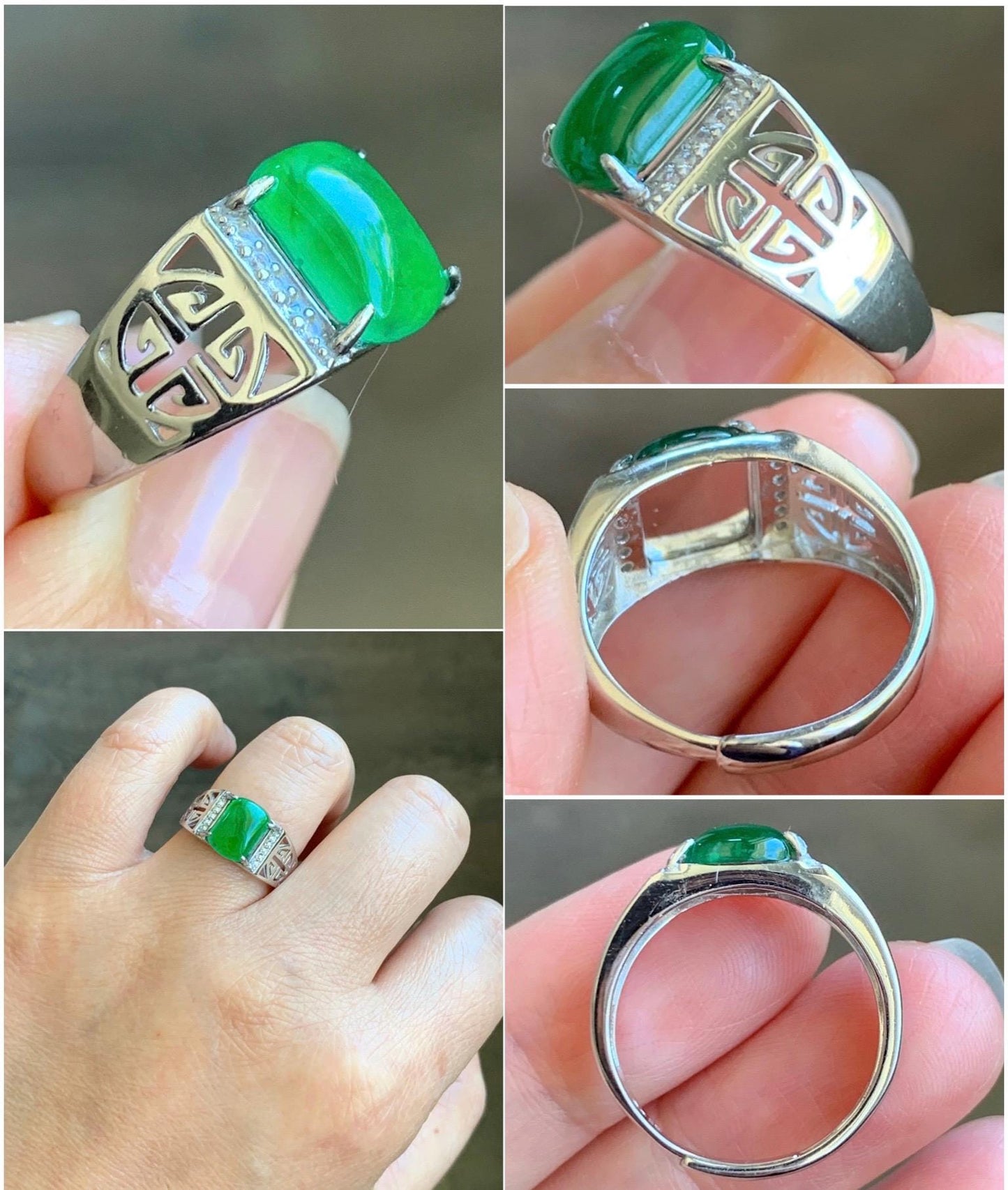Natural Grade A Guatemalan Icy Translucent Vibrant Green Jadeite Saddle Ring Sterling Silver Size Adjustable 天然冰危绿翡翠马鞍银镶戒指 WLD150D