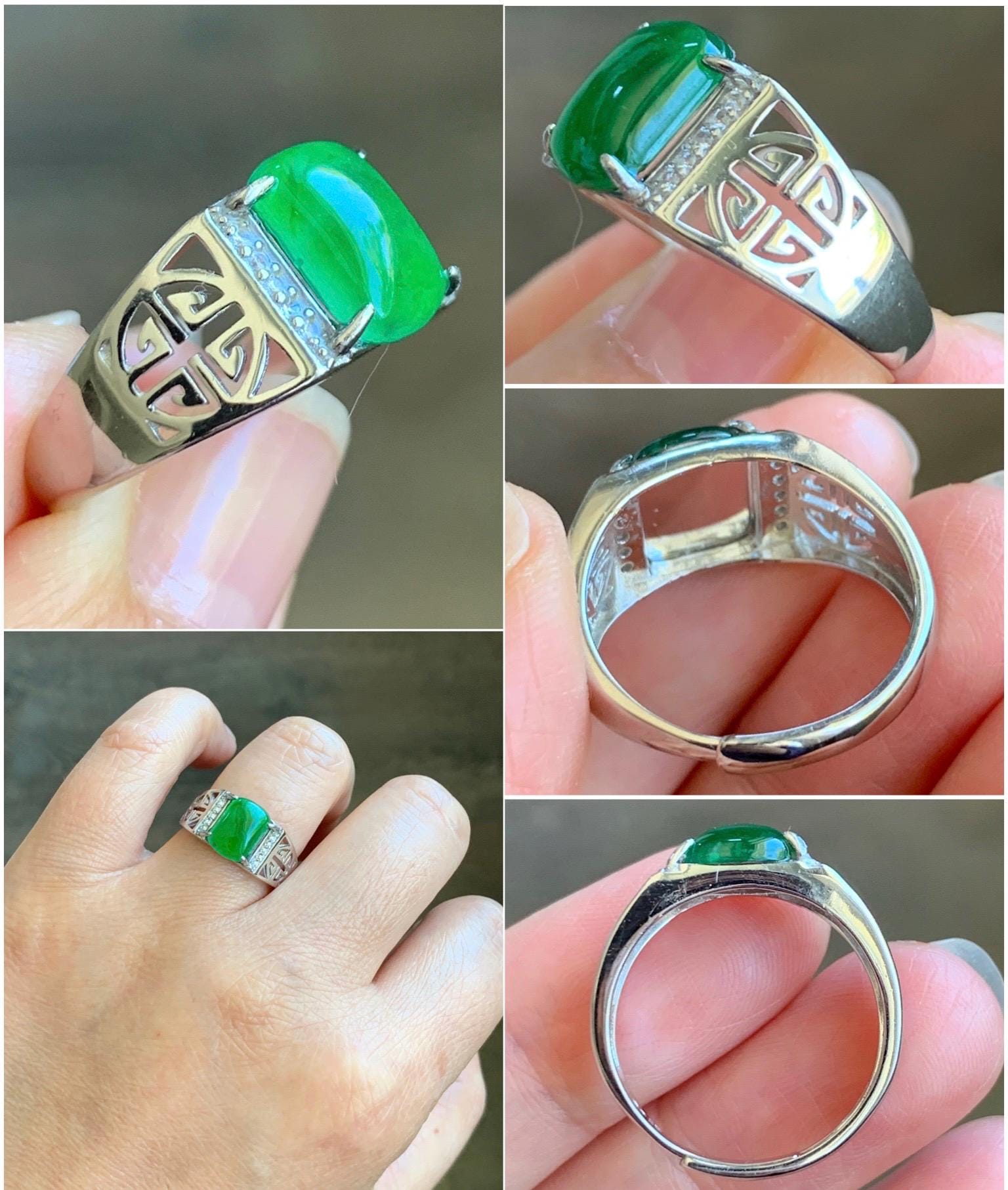 Natural Grade A Guatemalan Icy Translucent Vibrant Green Jadeite Saddle Ring Sterling Silver Size Adjustable 天然冰危绿翡翠马鞍银镶戒指 WLD150D
