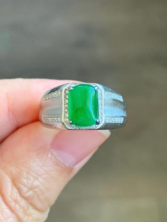 Natural Grade A Guatemalan Icy Translucent Vibrant Green Jadeite Saddle Ring Sterling Silver Size Adjustable 天然冰危绿翡翠马鞍银镶戒指 WLD150B