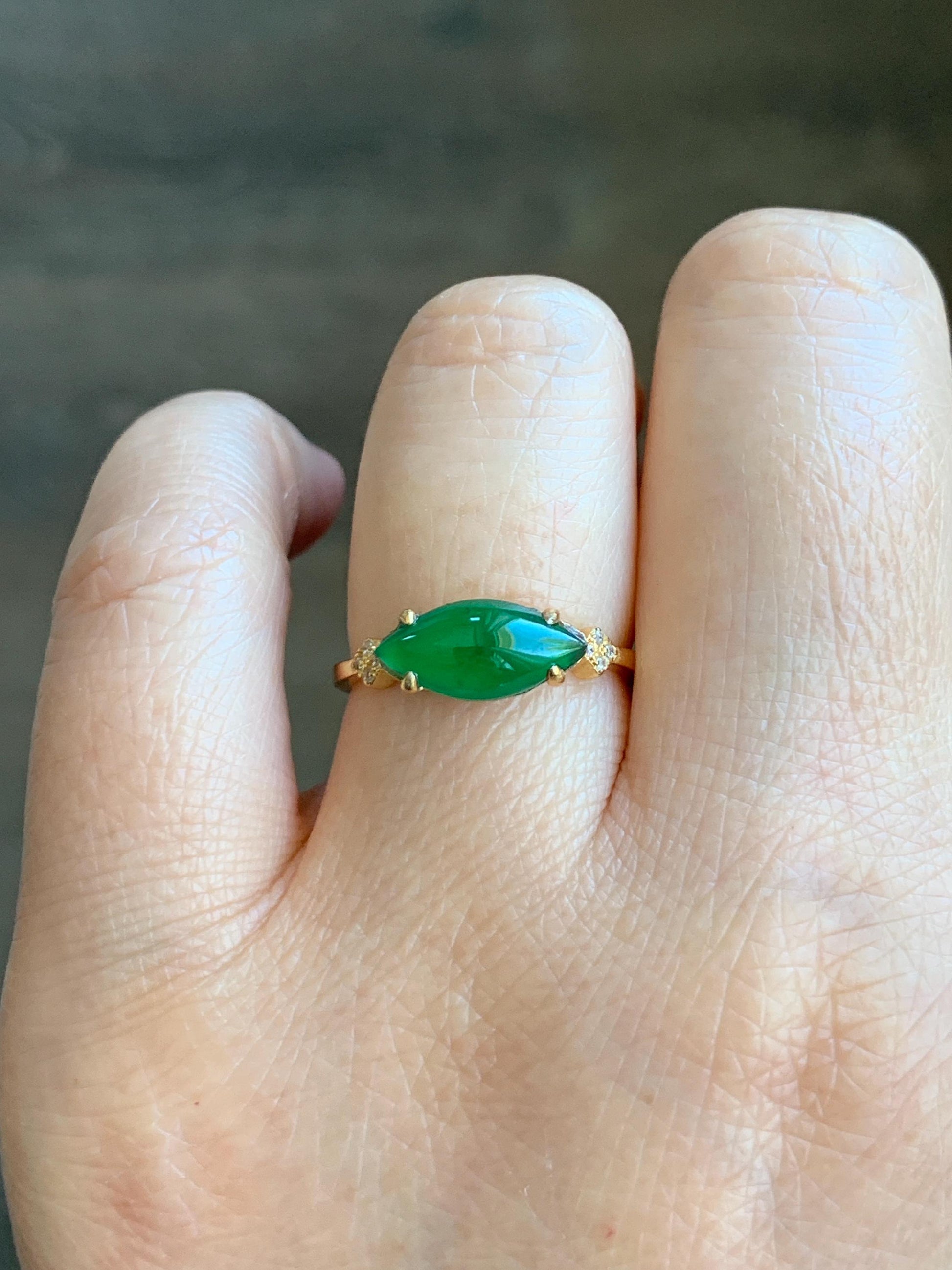 Natural Grade A Guatemalan Icy Translucent Vibrant Green Marquise Jadeite Ring Sterling Silver Size Adjustable 天然冰危绿马眼翡翠银镶戒指 WLD150A