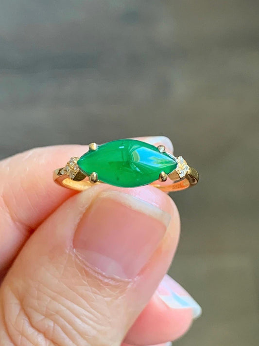 Natural Grade A Guatemalan Icy Translucent Vibrant Green Marquise Jadeite Ring Sterling Silver Size Adjustable 天然冰危绿马眼翡翠银镶戒指 WLD150A