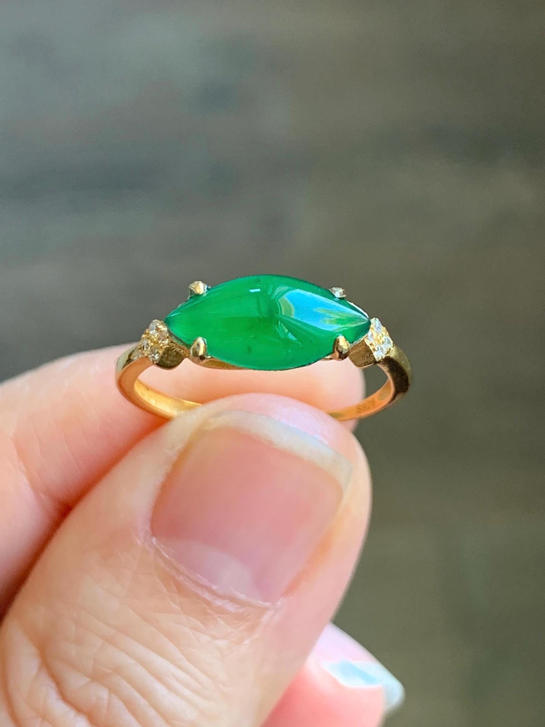 Natural Grade A Guatemalan Icy Translucent Vibrant Green Marquise Jadeite Ring Sterling Silver Size Adjustable 天然冰危绿马眼翡翠银镶戒指 WLD150A