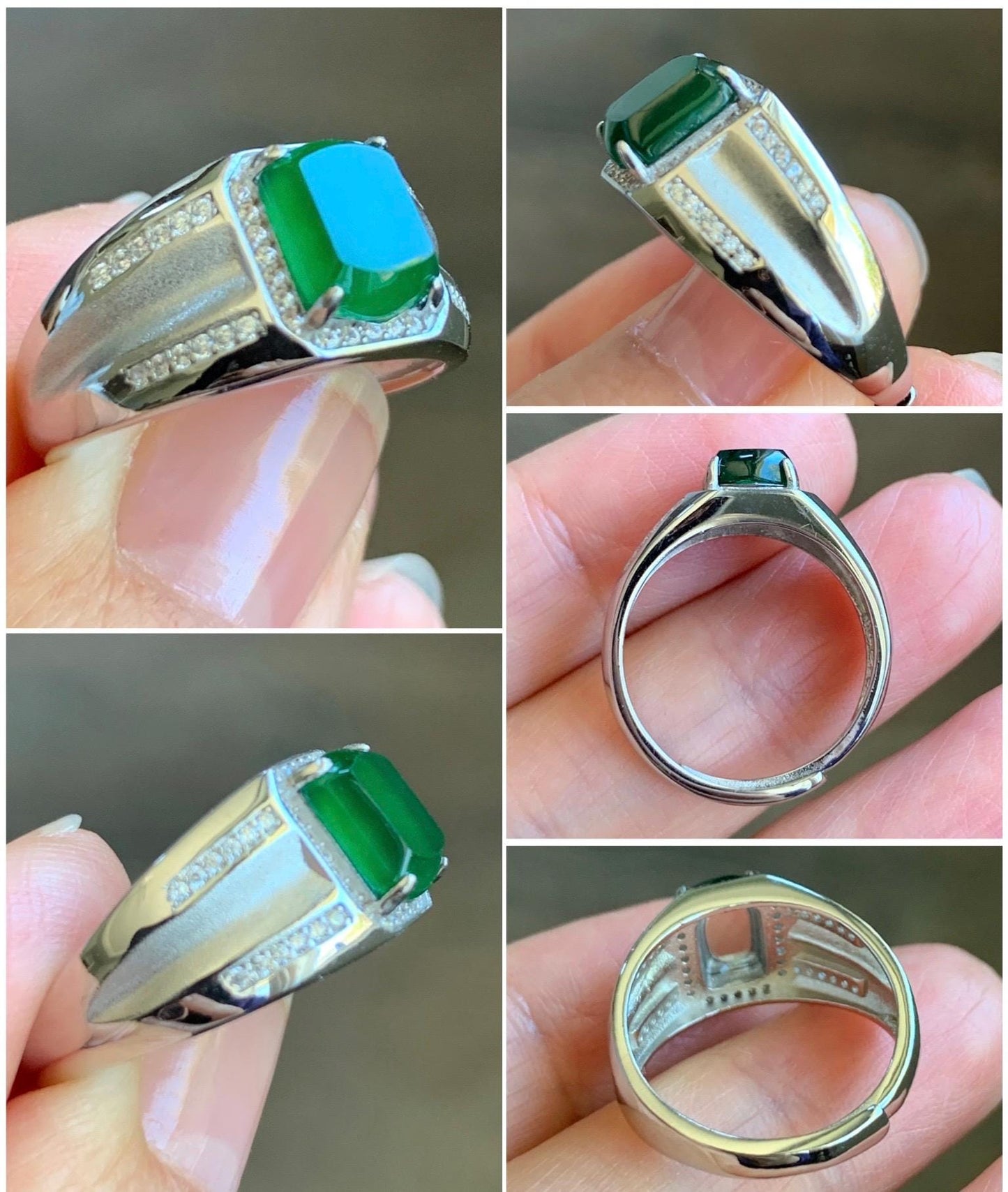 Natural Grade A Guatemalan Icy Translucent Vibrant Green Faceted Jadeite Ring Sterling Silver Size Adjustable 天然冰危绿翡翠切割面银镶戒指 EML110