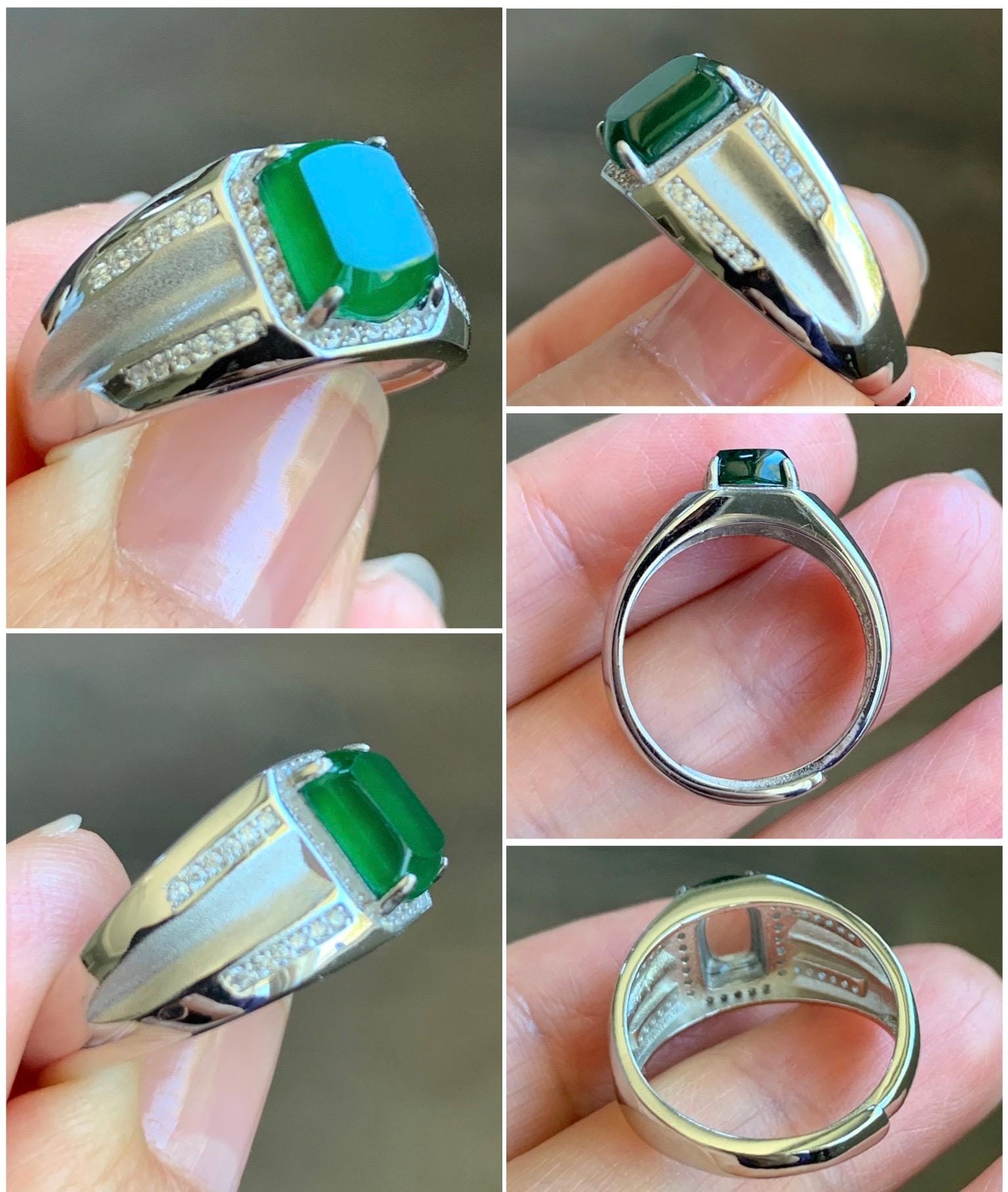 Natural Grade A Guatemalan Icy Translucent Vibrant Green Faceted Jadeite Ring Sterling Silver Size Adjustable 天然冰危绿翡翠切割面银镶戒指 EML110