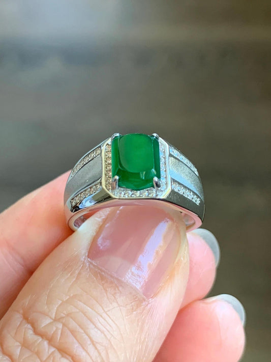 Natural Grade A Guatemalan Icy Translucent Vibrant Green Faceted Jadeite Ring Sterling Silver Size Adjustable 天然冰危绿翡翠切割面银镶戒指 EML110