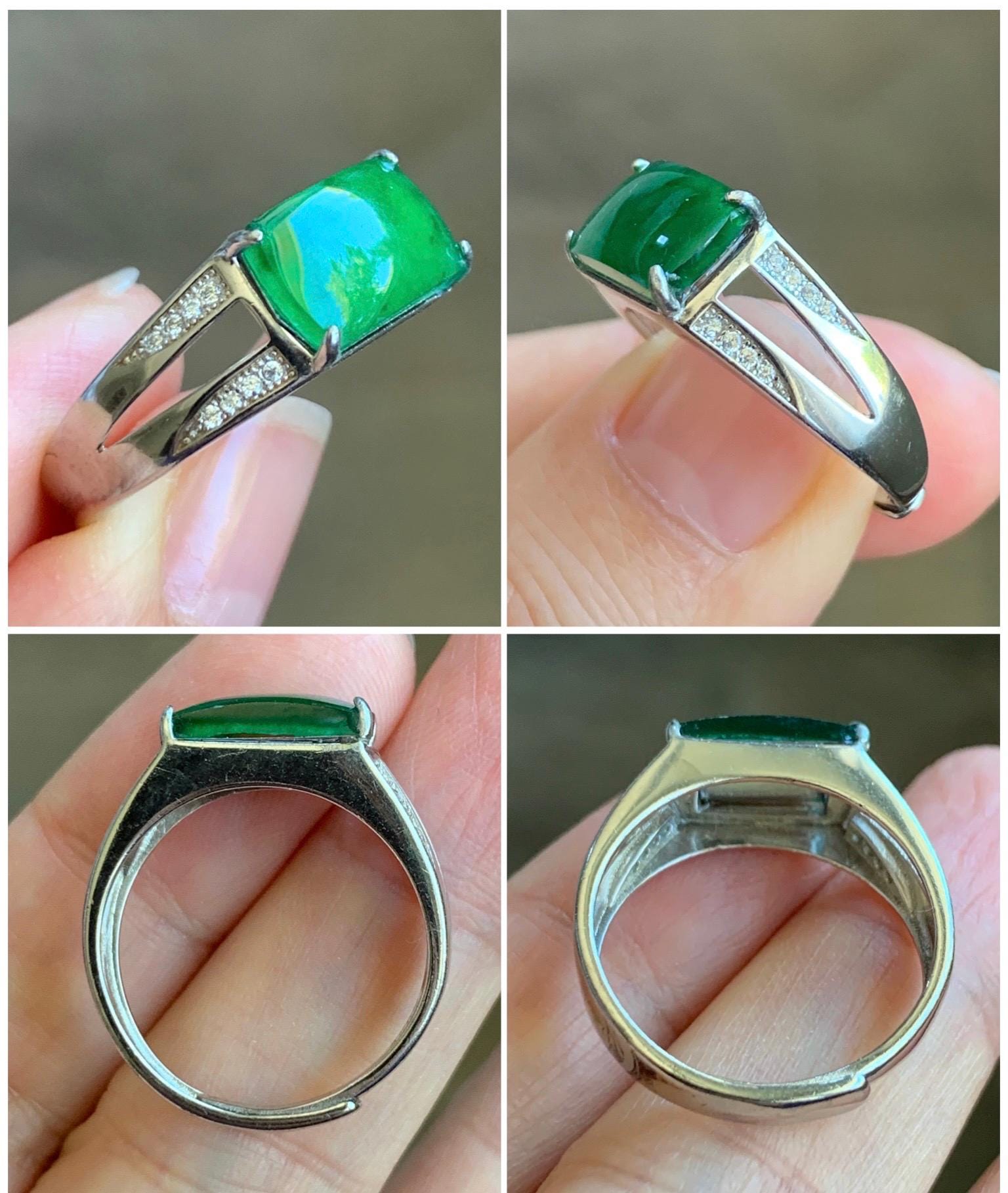 Natural Grade A Guatemalan Icy Translucent Vibrant Green Jadeite Saddle Ring Sterling Silver Size Adjustable 天然冰危绿翡翠马鞍银镶戒指 WLD150E