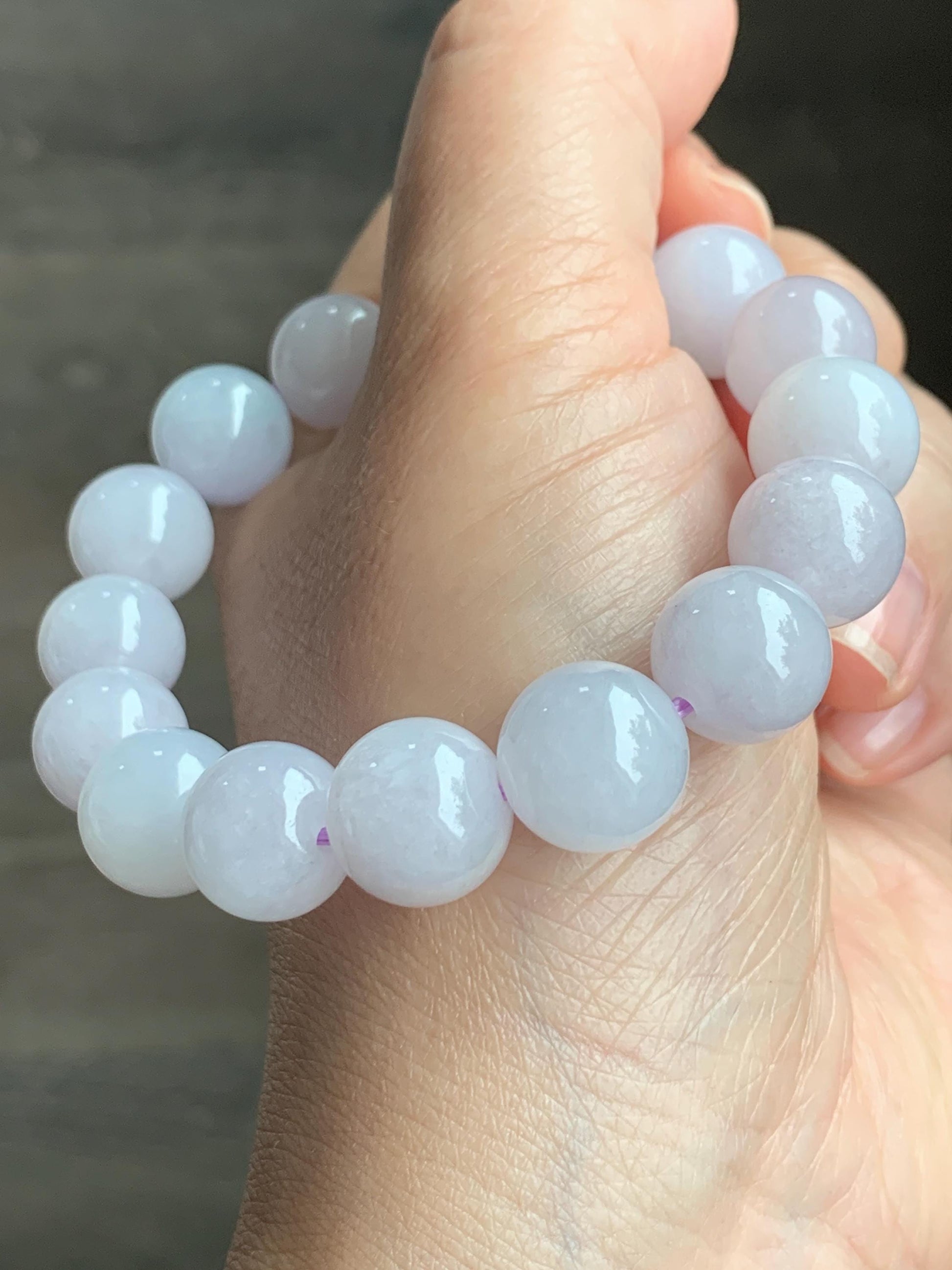 Certified Natural Grade A Icy Translucent Gelatinous Pastel Lavender Jadeite Large Beads Beaded Bracelet 12mm 7” 51g 天然冰胶淡紫底翡翠大卡圆珠手串 1496