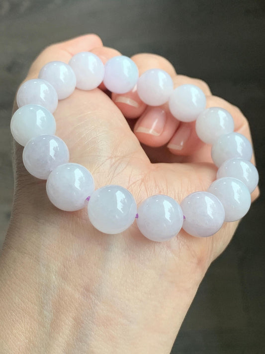 Certified Natural Grade A Icy Translucent Gelatinous Pastel Lavender Jadeite Large Beads Beaded Bracelet 12mm 7” 51g 天然冰胶淡紫底翡翠大卡圆珠手串 1496