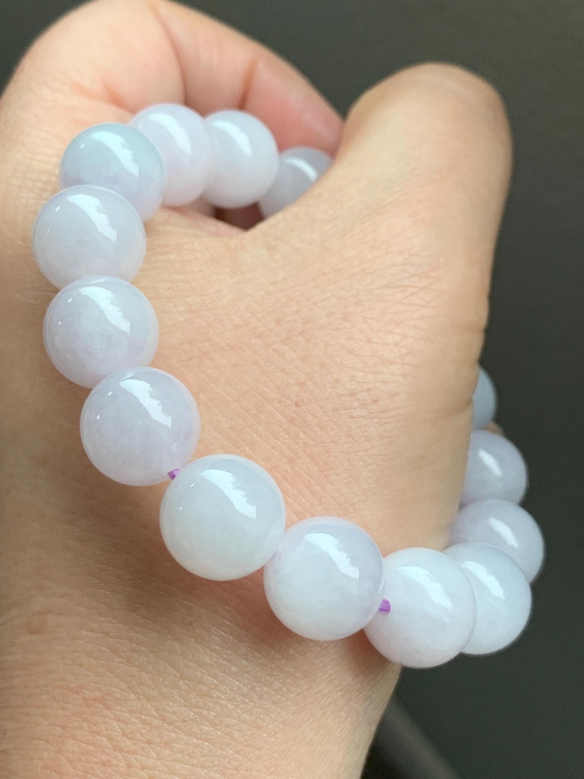 Certified Natural Grade A Icy Translucent Gelatinous Pastel Lavender Jadeite Large Beads Beaded Bracelet 12mm 7” 51g 天然冰胶淡紫底翡翠大卡圆珠手串 1496