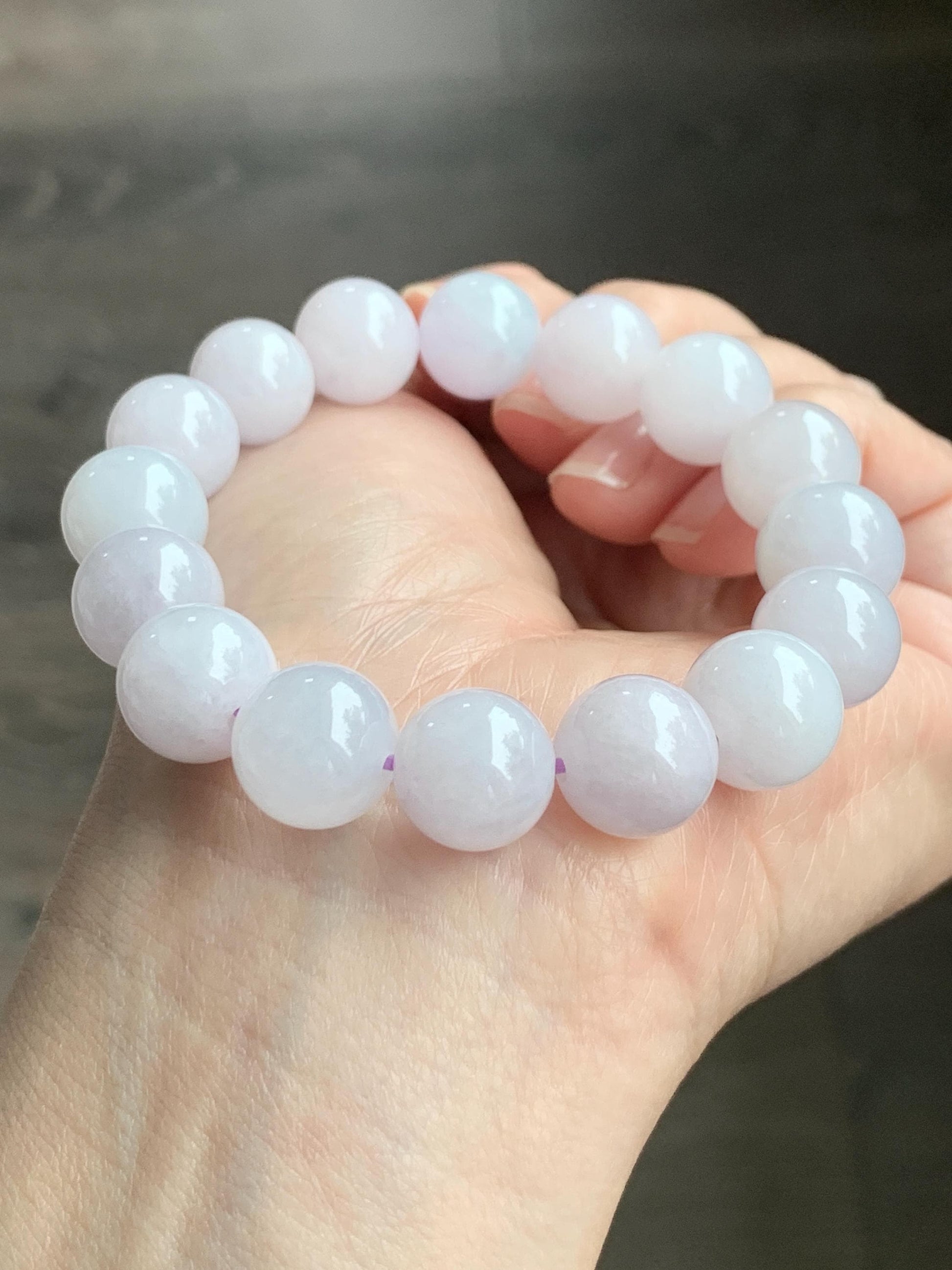 Certified Natural Grade A Icy Translucent Gelatinous Pastel Lavender Jadeite Large Beads Beaded Bracelet 12mm 7” 51g 天然冰胶淡紫底翡翠大卡圆珠手串 1496