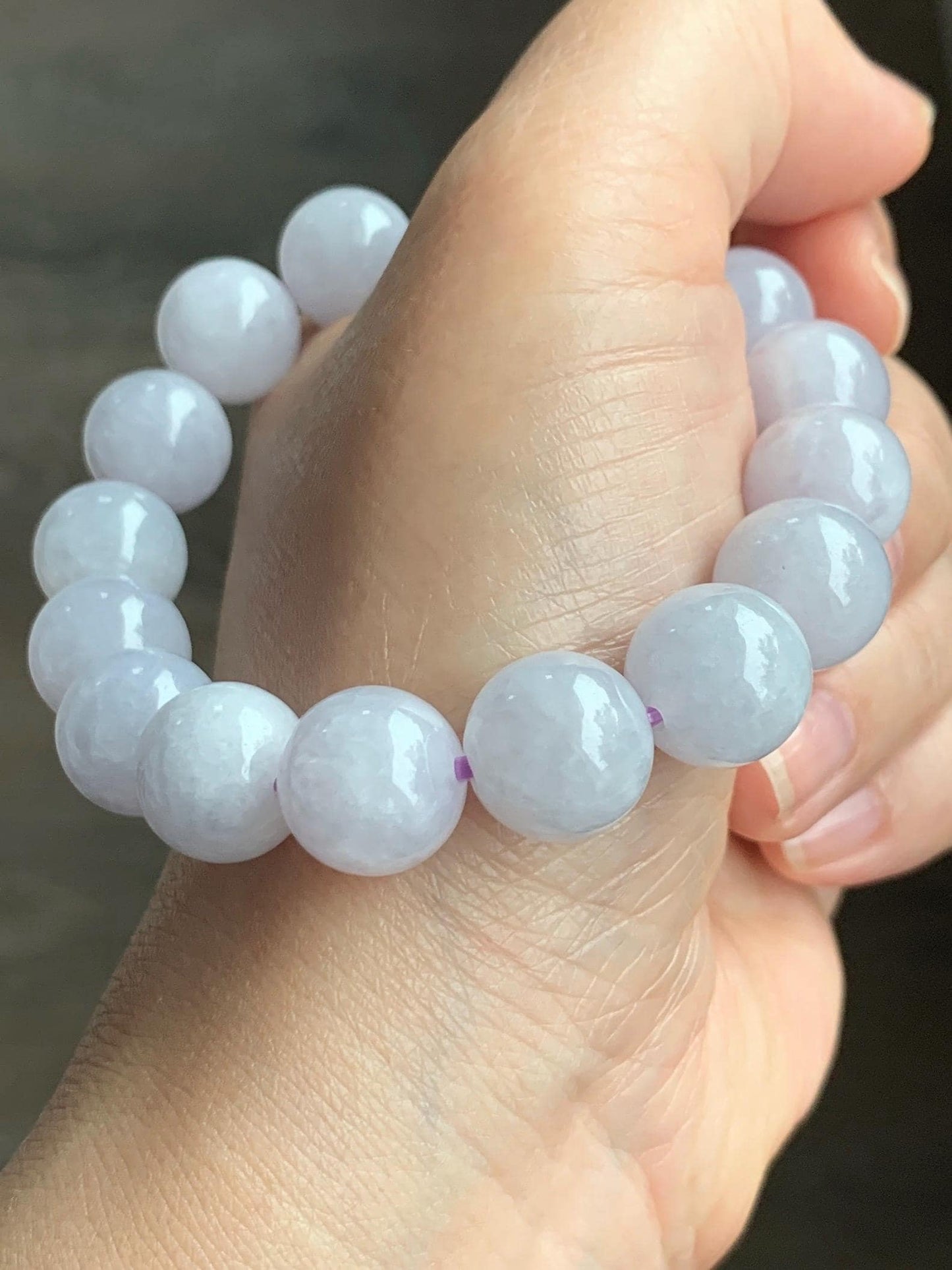 Certified Natural Grade A Icy Translucent Pastel Lavender Jadeite Large Beads Beaded Bracelet 12.4mm 7.25” 52.69g 天然冰淡紫底翡翠大卡圆珠手串 2018