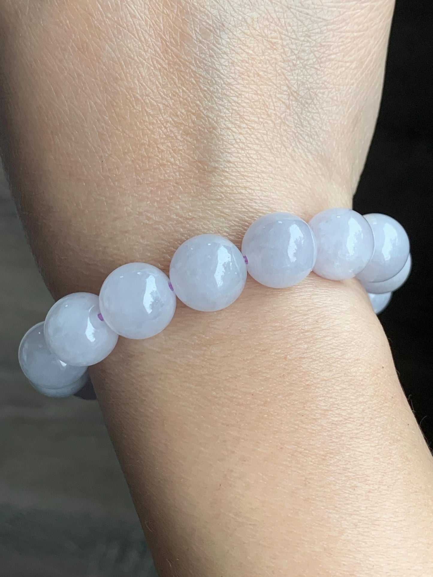 Certified Natural Grade A Icy Translucent Pastel Lavender Jadeite Large Beads Beaded Bracelet 12.4mm 7.25” 52.69g 天然冰淡紫底翡翠大卡圆珠手串 2018