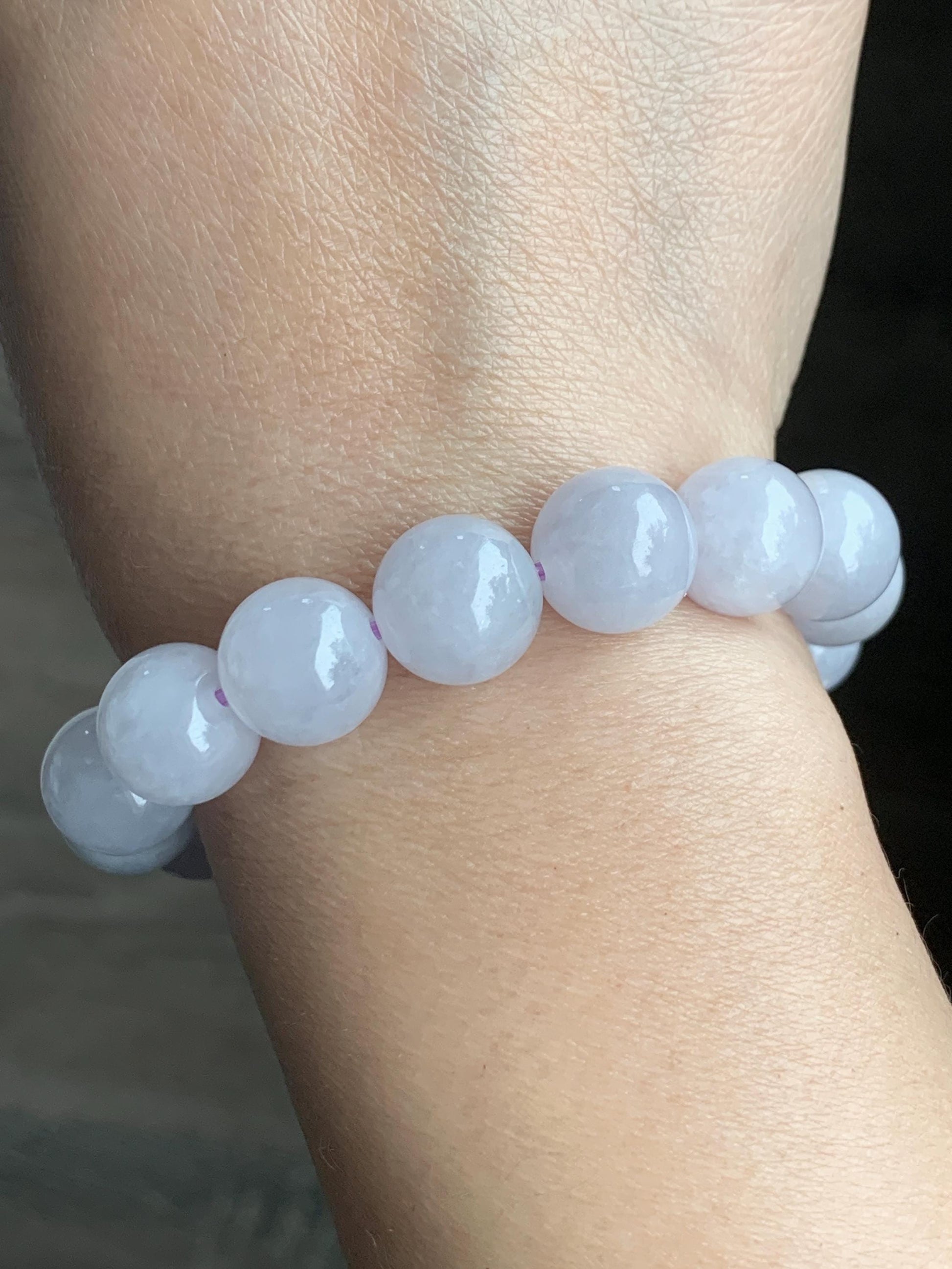 Certified Natural Grade A Icy Translucent Pastel Lavender Jadeite Large Beads Beaded Bracelet 12.4mm 7.25” 52.69g 天然冰淡紫底翡翠大卡圆珠手串 2018