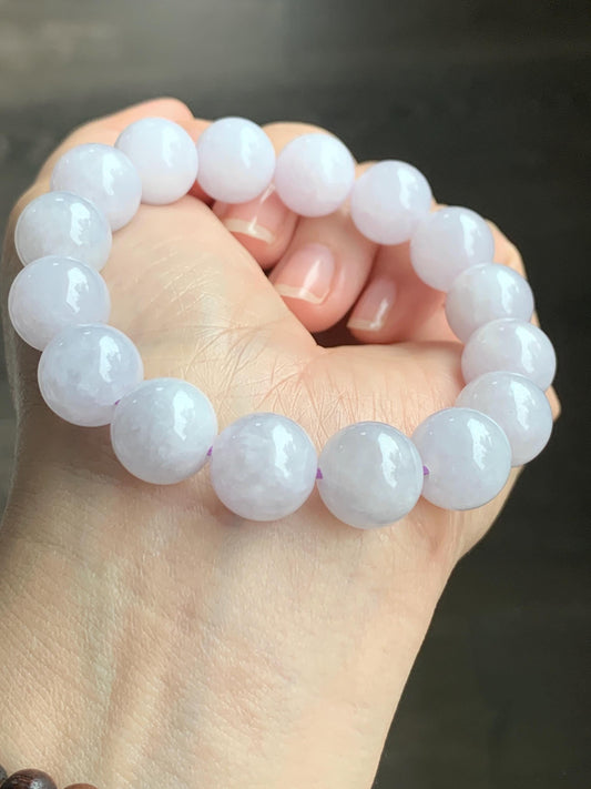 Certified Natural Grade A Icy Translucent Pastel Lavender Jadeite Large Beads Beaded Bracelet 12.4mm 7.25” 52.69g 天然冰淡紫底翡翠大卡圆珠手串 2018