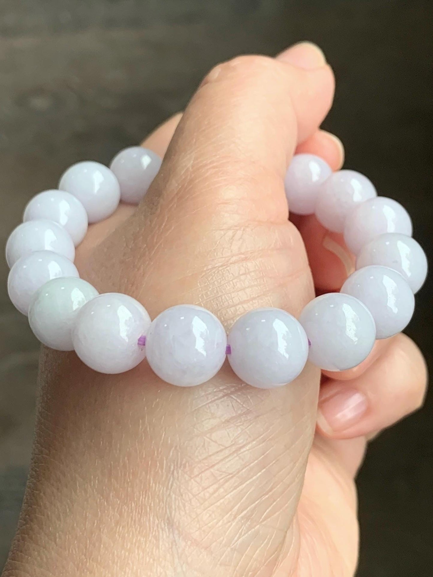 Certified Natural Grade A Translucent Pastel Lavender Jadeite Large Beads Beaded Bracelet 11.4mm 7” 43g 天然糯冰淡紫底翡翠大卡圆珠手串 1493