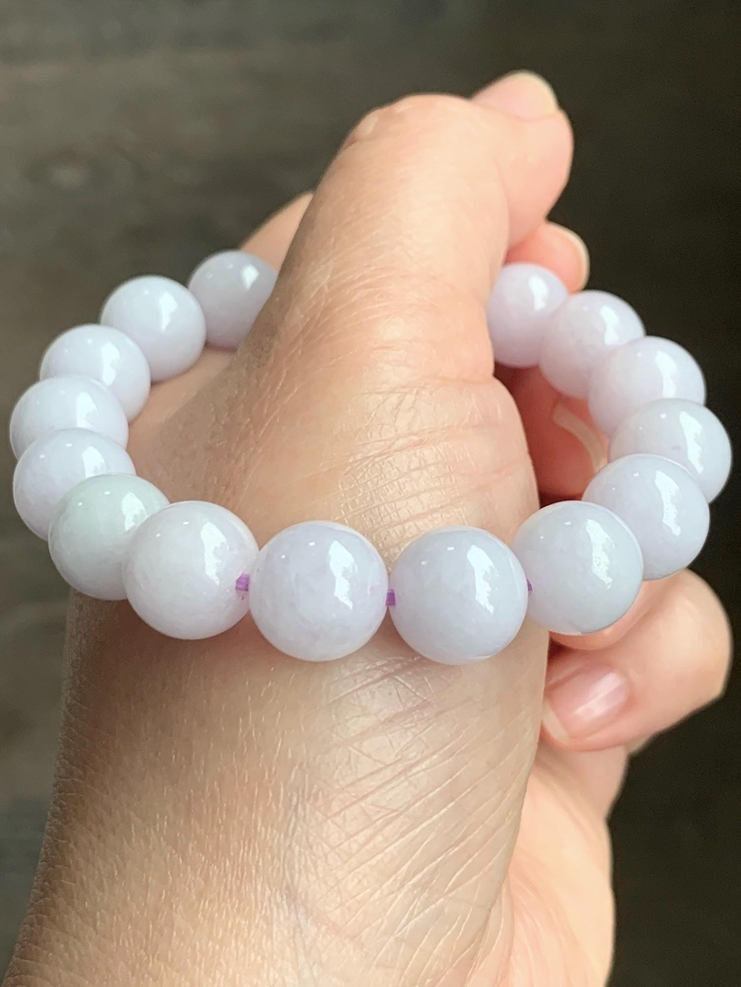 Certified Natural Grade A Translucent Pastel Lavender Jadeite Large Beads Beaded Bracelet 11.4mm 7” 43g 天然糯冰淡紫底翡翠大卡圆珠手串 1493