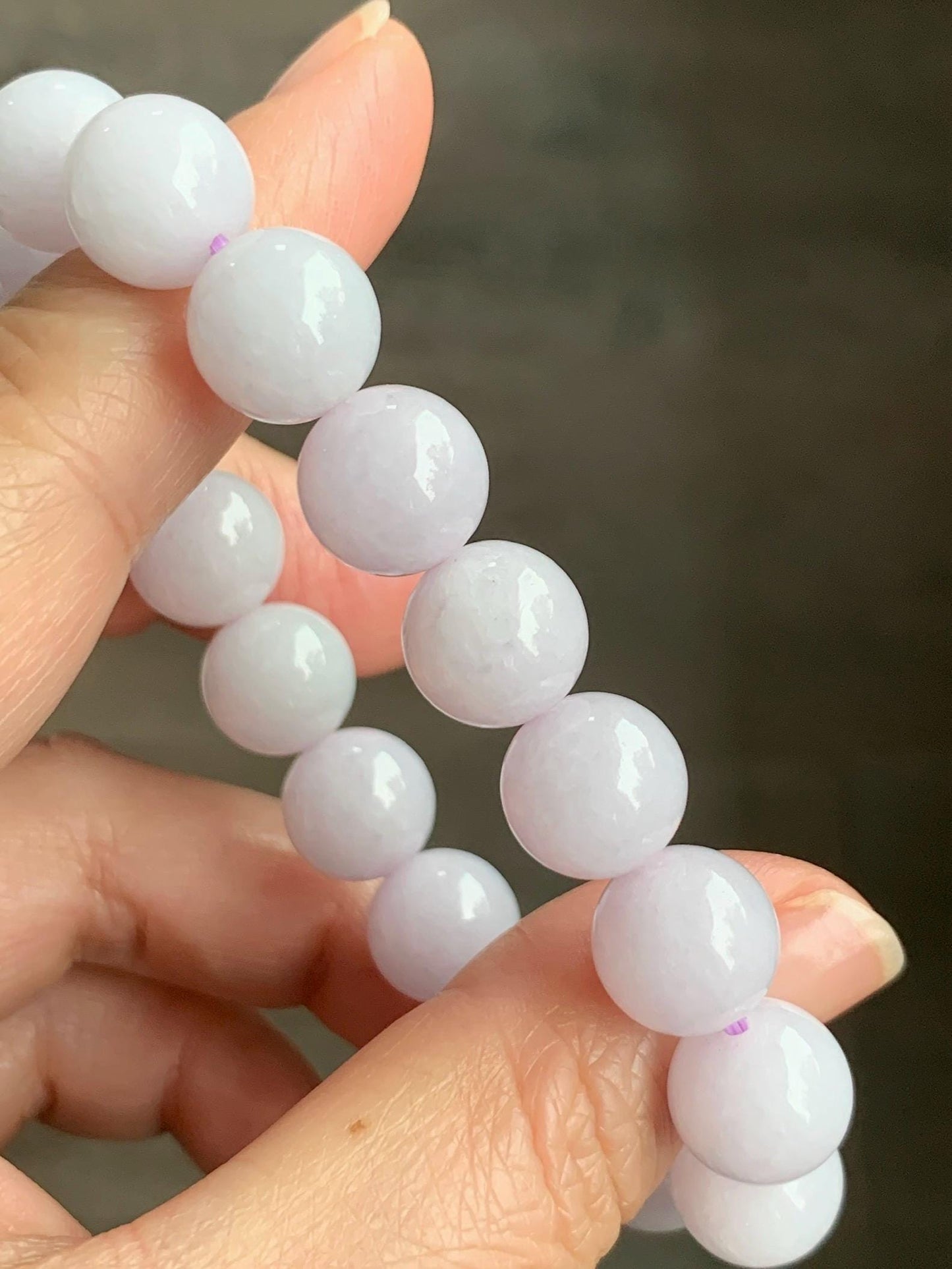Certified Natural Grade A Translucent Pastel Lavender Jadeite Large Beads Beaded Bracelet 11.4mm 7” 43g 天然糯冰淡紫底翡翠大卡圆珠手串 1493
