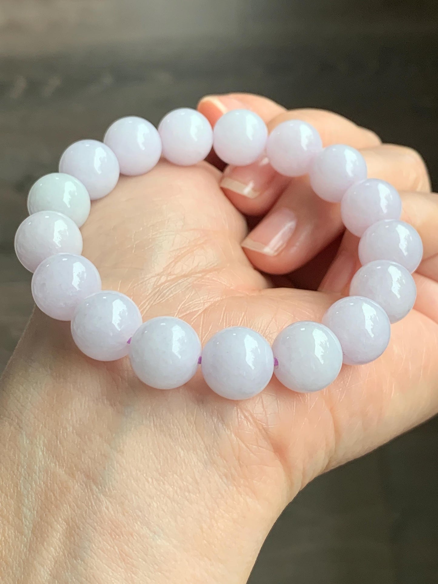 Certified Natural Grade A Translucent Pastel Lavender Jadeite Large Beads Beaded Bracelet 11.4mm 7” 43g 天然糯冰淡紫底翡翠大卡圆珠手串 1493