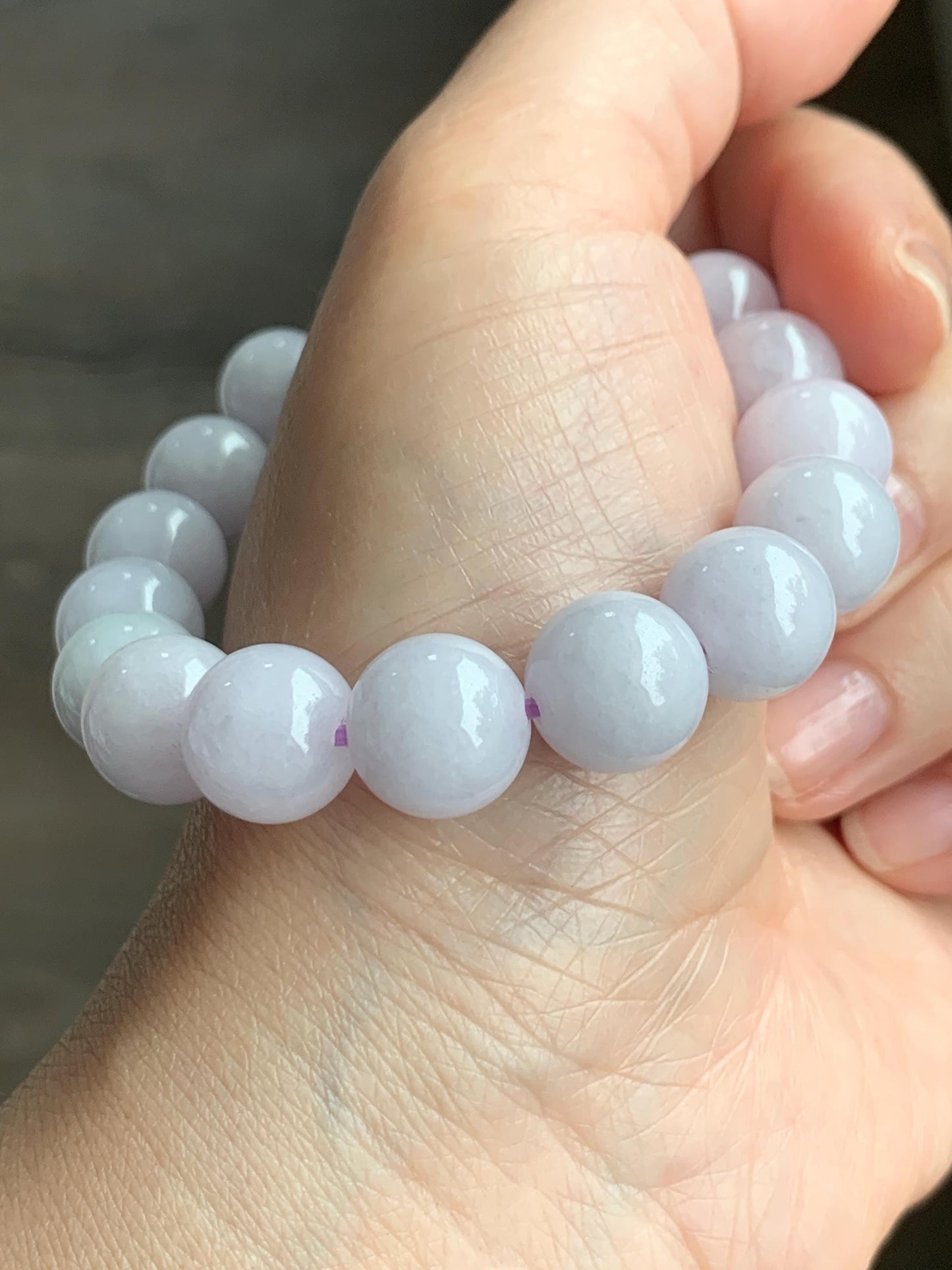 Certified Natural Grade A Translucent Pastel Lavender Jadeite Large Beads Beaded Bracelet 11.4mm 7” 43g 天然糯冰淡紫底翡翠大卡圆珠手串 1493