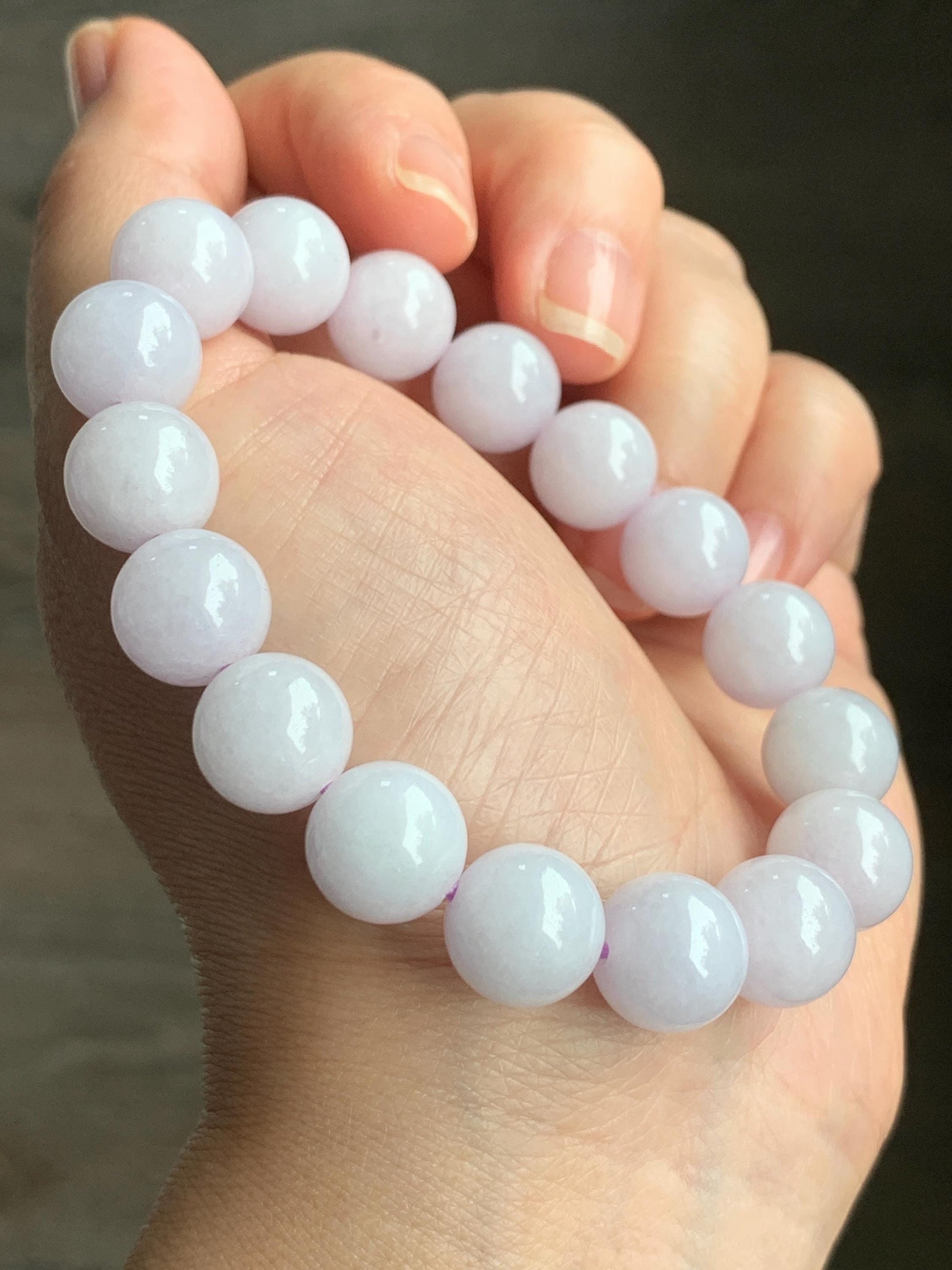 Certified Natural Grade A Translucent Pastel Lavender Jadeite Large Beads Beaded Bracelet 11.4mm 7” 43g 天然糯冰淡紫底翡翠大卡圆珠手串 1493