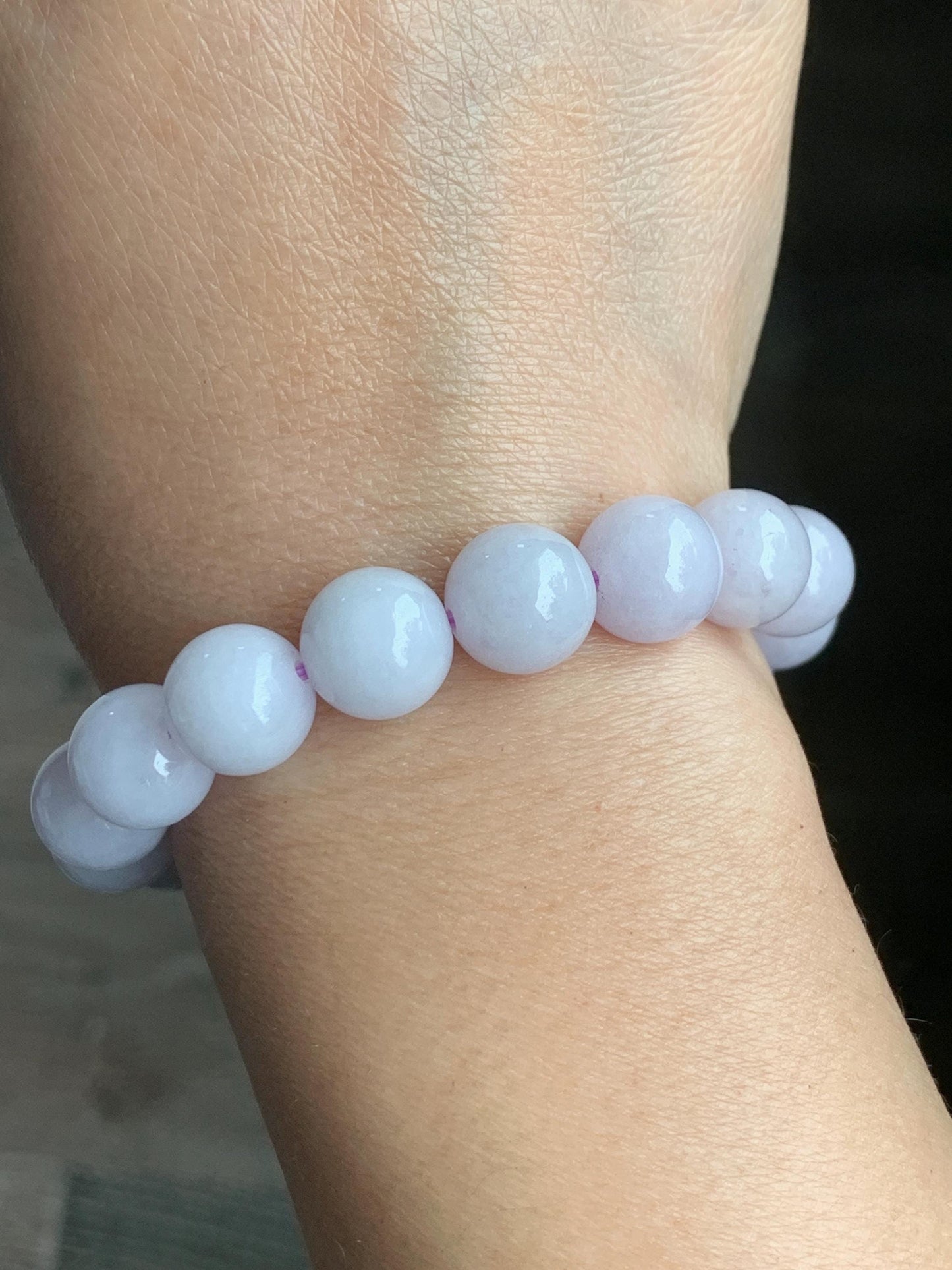Certified Natural Grade A Translucent Pastel Lavender Jadeite Large Beads Beaded Bracelet 11.4mm 7” 43g 天然糯冰淡紫底翡翠大卡圆珠手串 1493