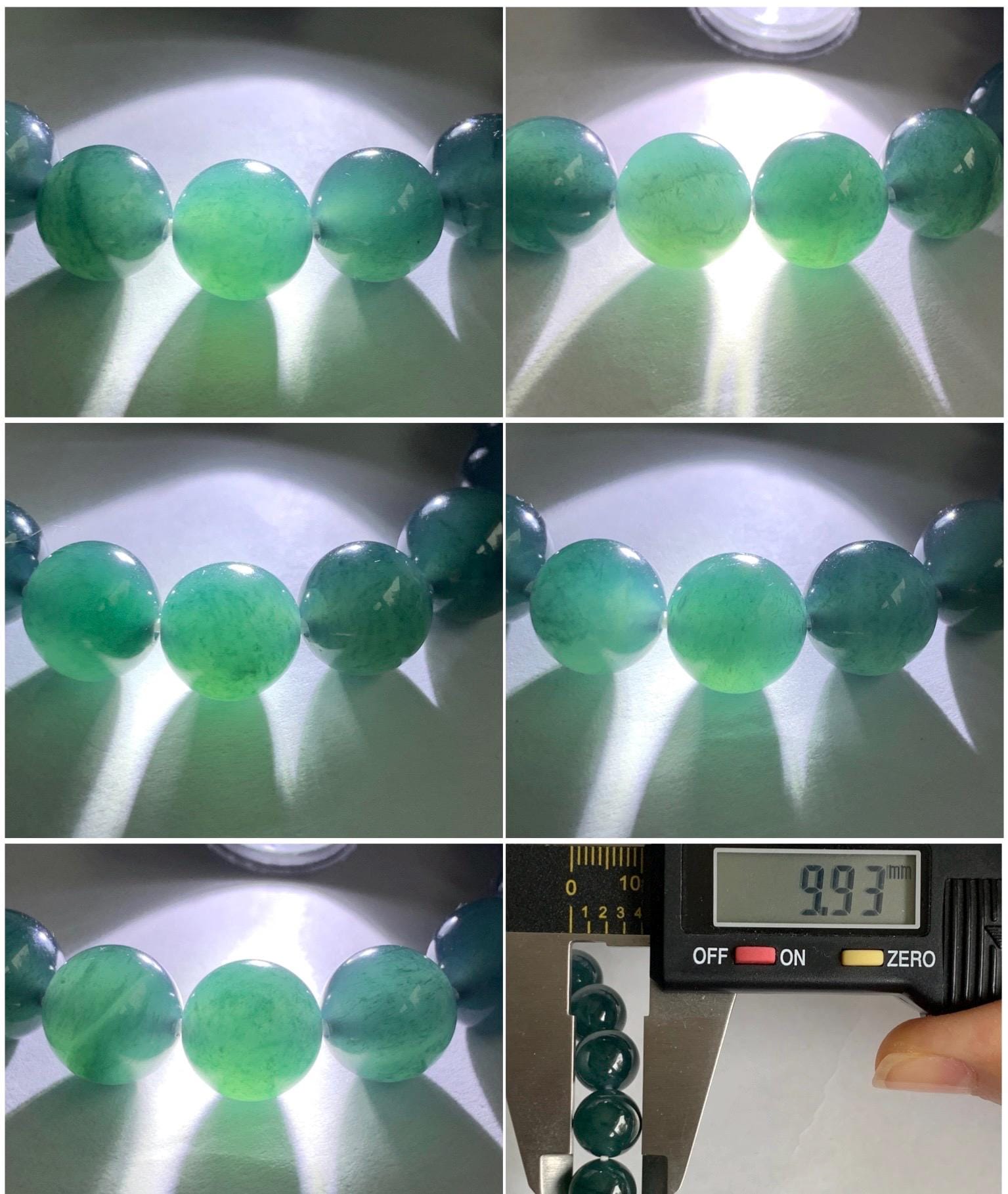 Natural Guatemalan Grade A Icy Translucent Deep Teal Blue Jadeite Beaded Bracelet Stretchy 9.9mm 7" 31g 天然冰危深蓝绿翡翠大卡手串 SLL250