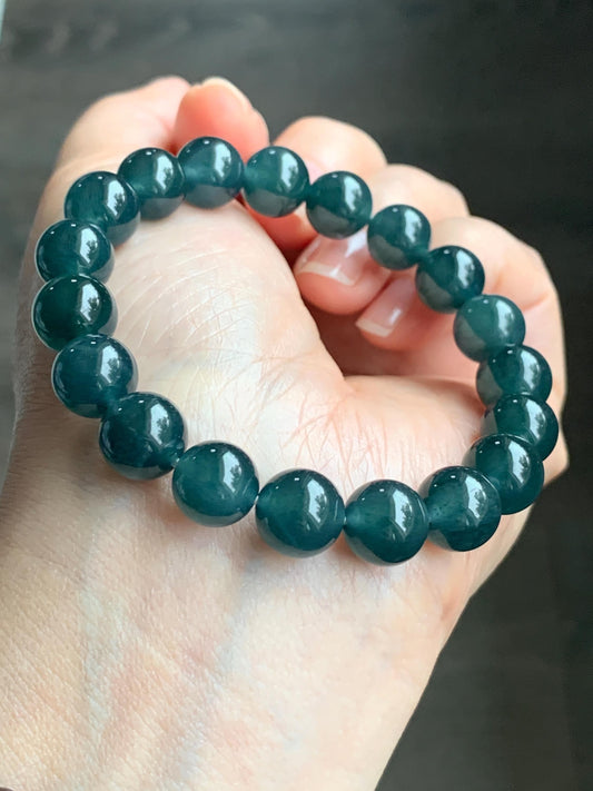 Natural Guatemalan Grade A Icy Translucent Deep Teal Blue Jadeite Beaded Bracelet Stretchy 9.9mm 7" 31g 天然冰危深蓝绿翡翠大卡手串 SLL250