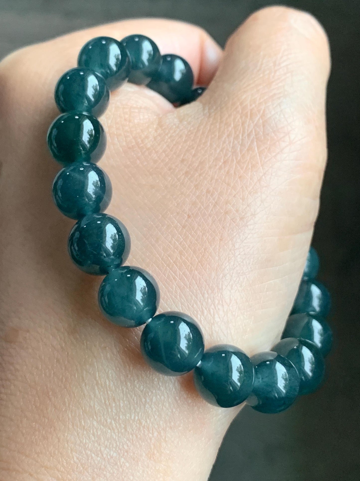 Natural Guatemalan Grade A Icy Translucent Deep Teal Blue Jadeite Beaded Bracelet Stretchy 9.9mm 7" 31g 天然冰危深蓝绿翡翠大卡手串 SLL250