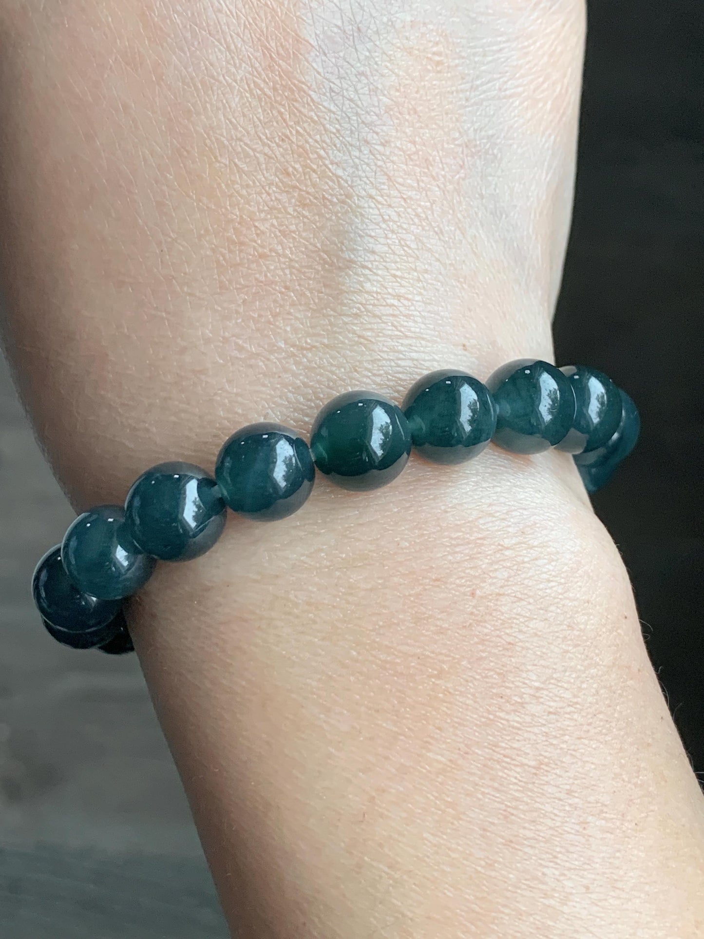 Natural Guatemalan Grade A Icy Translucent Deep Teal Blue Jadeite Beaded Bracelet Stretchy 9.9mm 7" 31g 天然冰危深蓝绿翡翠大卡手串 SLL250