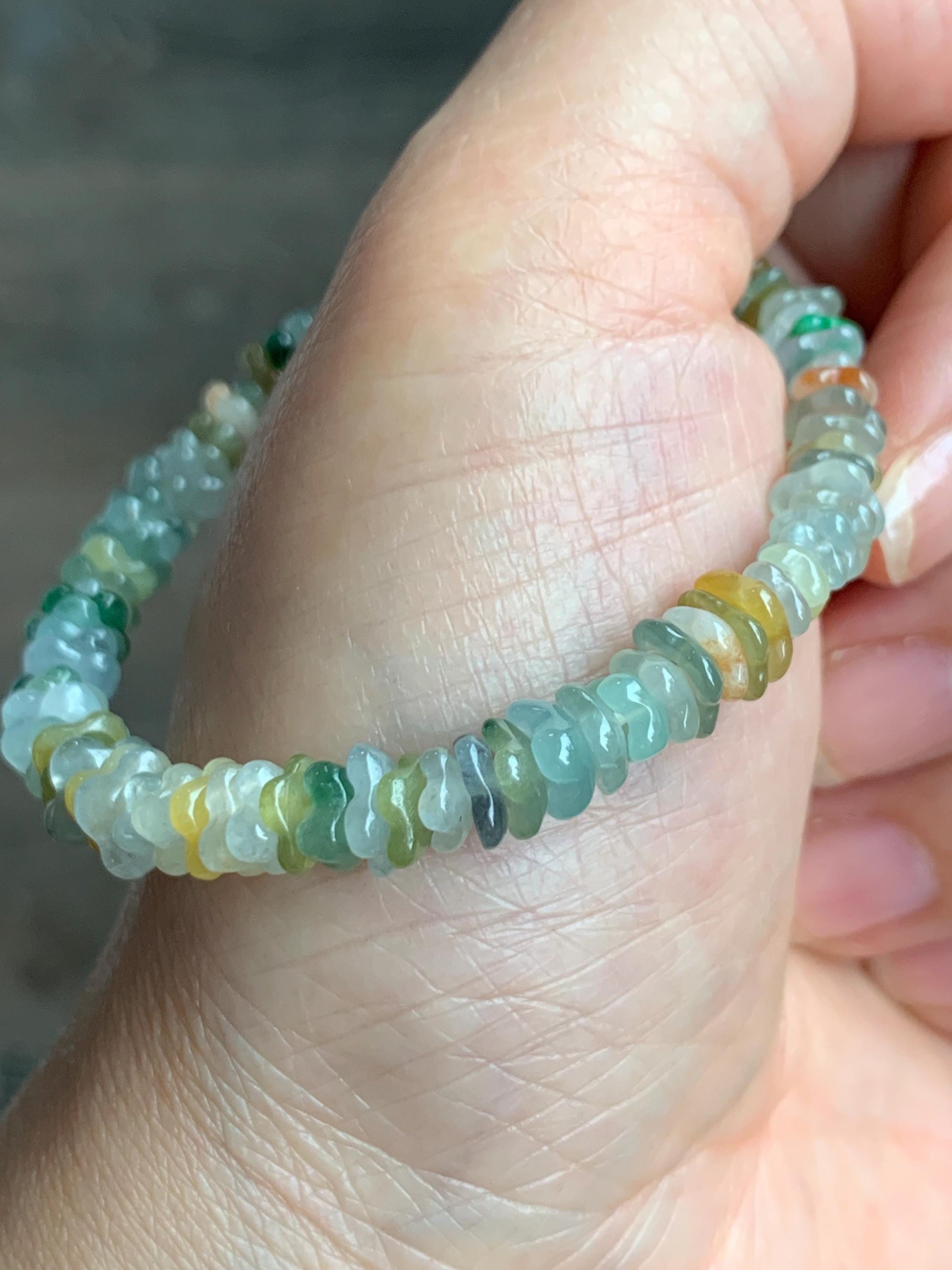 Natural Grade A Icy Highly Translucent Multicolored Jadeite Carved Osmanthus Flower Beads Beaded Bracelet 6.25” 11g 天然冰透多宝翡翠桂花珠手串 GHD440