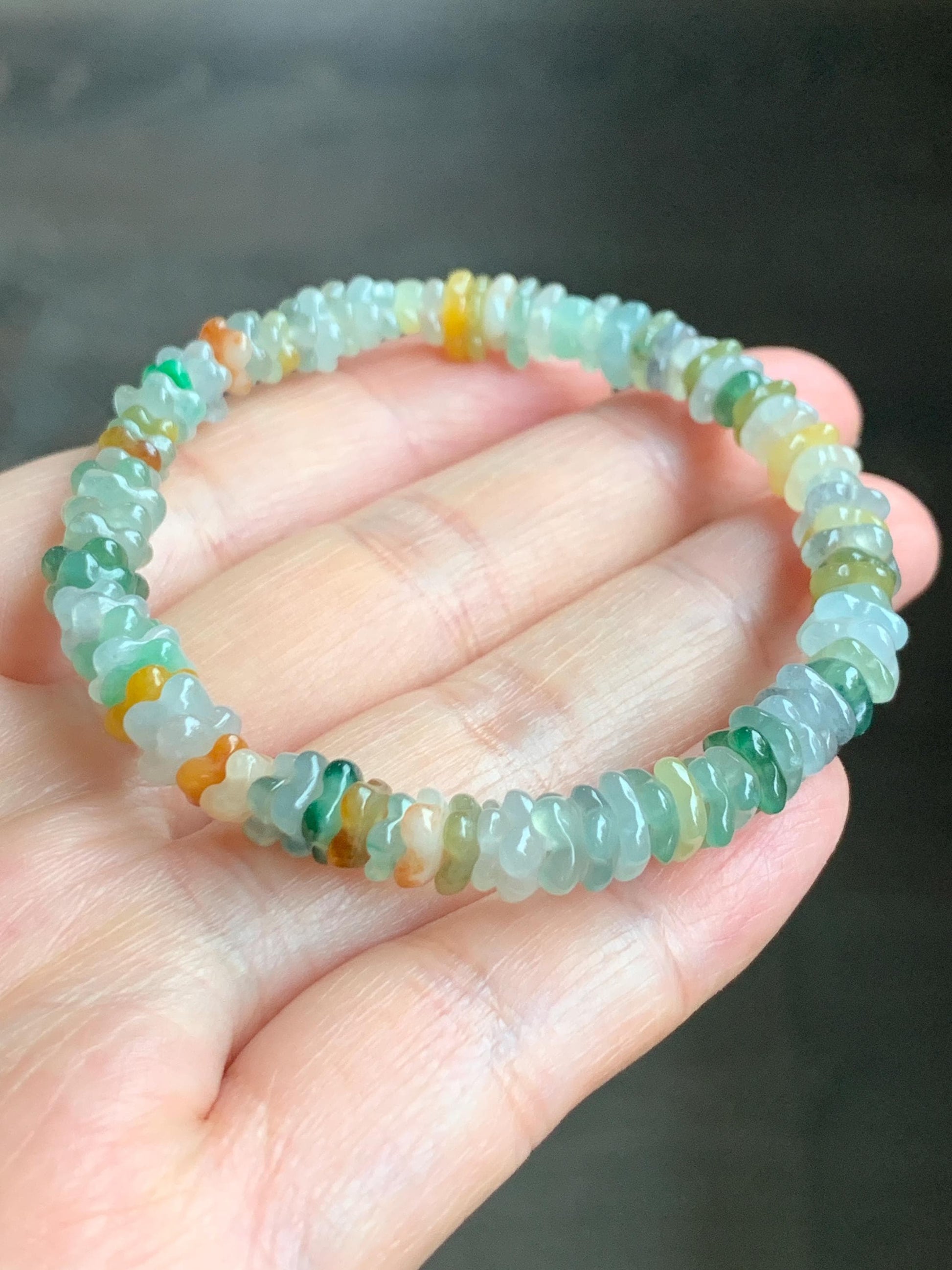 Natural Grade A Icy Highly Translucent Multicolored Jadeite Carved Osmanthus Flower Beads Beaded Bracelet 6.25” 11g 天然冰透多宝翡翠桂花珠手串 GHD440