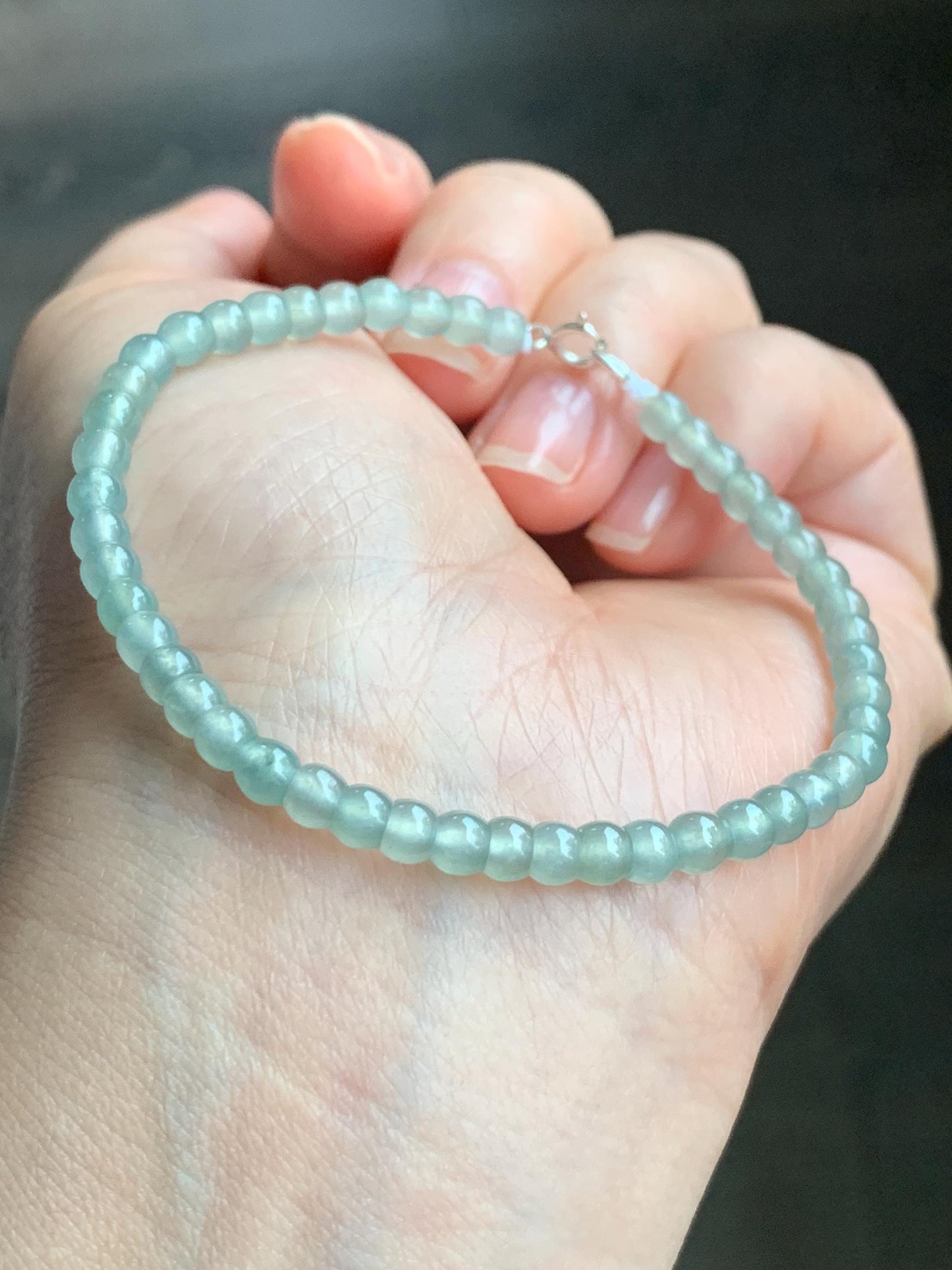 Natural Grade A Icy Highly Translucent Gelatinous Light Green Jadeite Apple Beads Beaded Bracelet SS 4.2mm 7" 6g 天然冰胶晴色翡翠小苹果珠手串 PGZ110A