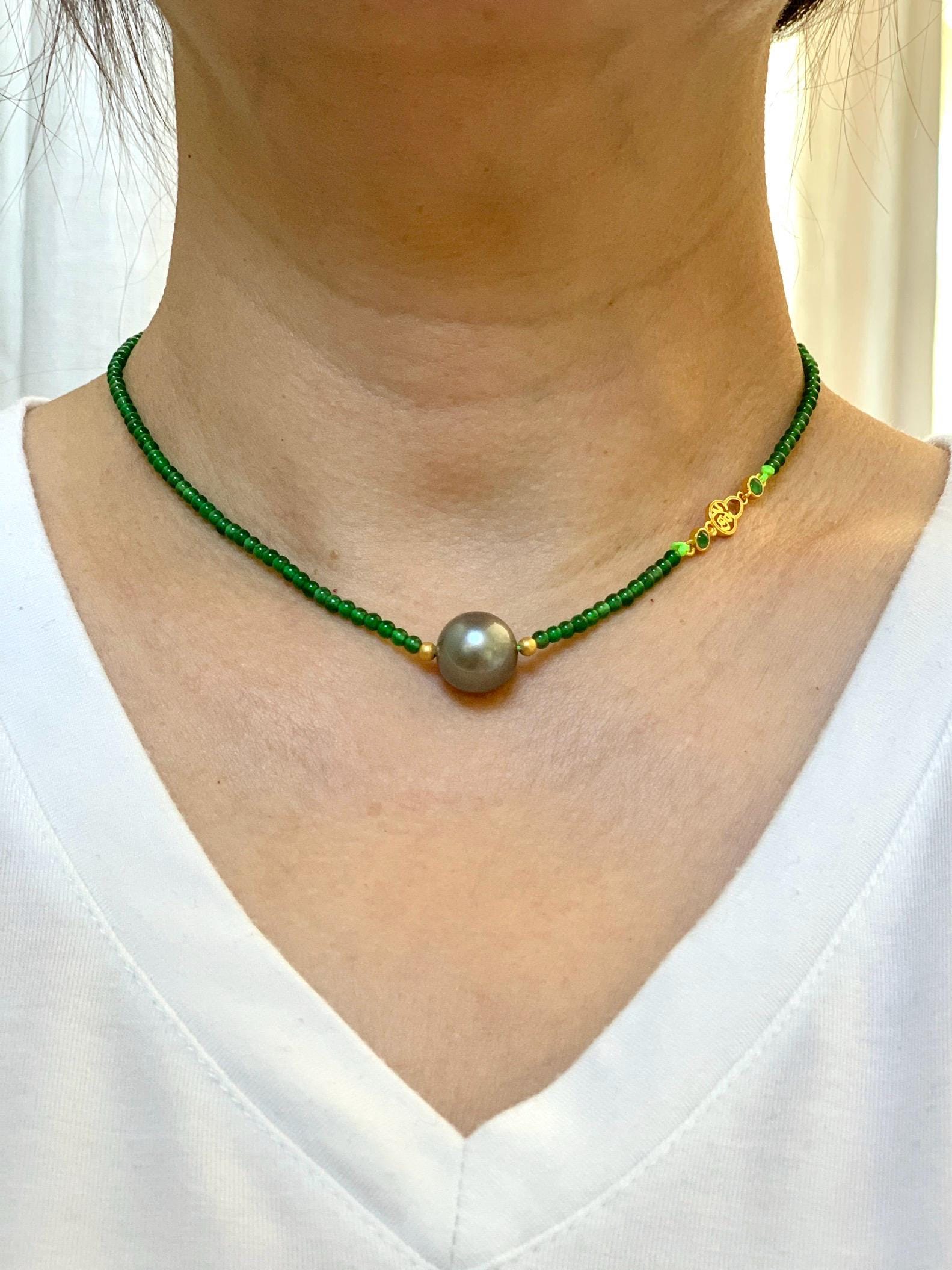 Natural Grade A Guatemalan Icy Translucent Vibrant Green Jadeite Genuine Tahitian Pearl Sterling Silver Beaded Necklace 16” 天然冰危绿翡翠珠大溪地珍珠项链