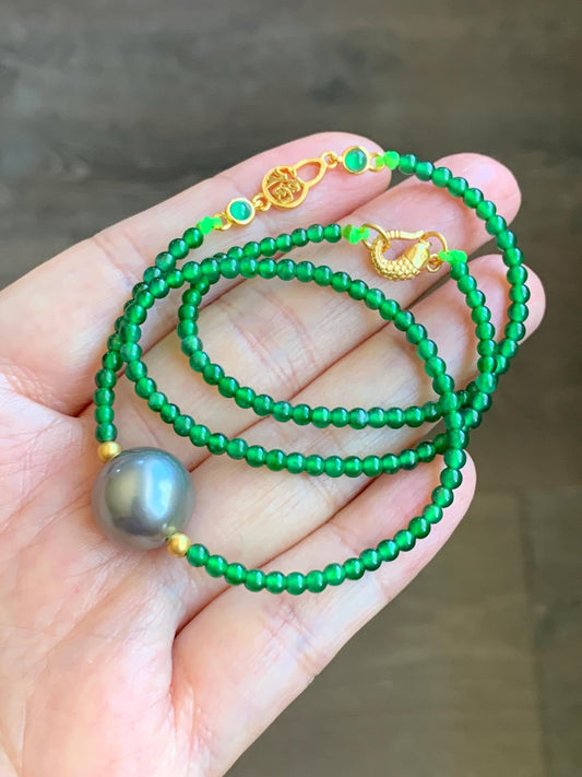 Natural Grade A Guatemalan Icy Translucent Vibrant Green Jadeite Genuine Tahitian Pearl Sterling Silver Beaded Necklace 16” 天然冰危绿翡翠珠大溪地珍珠项链