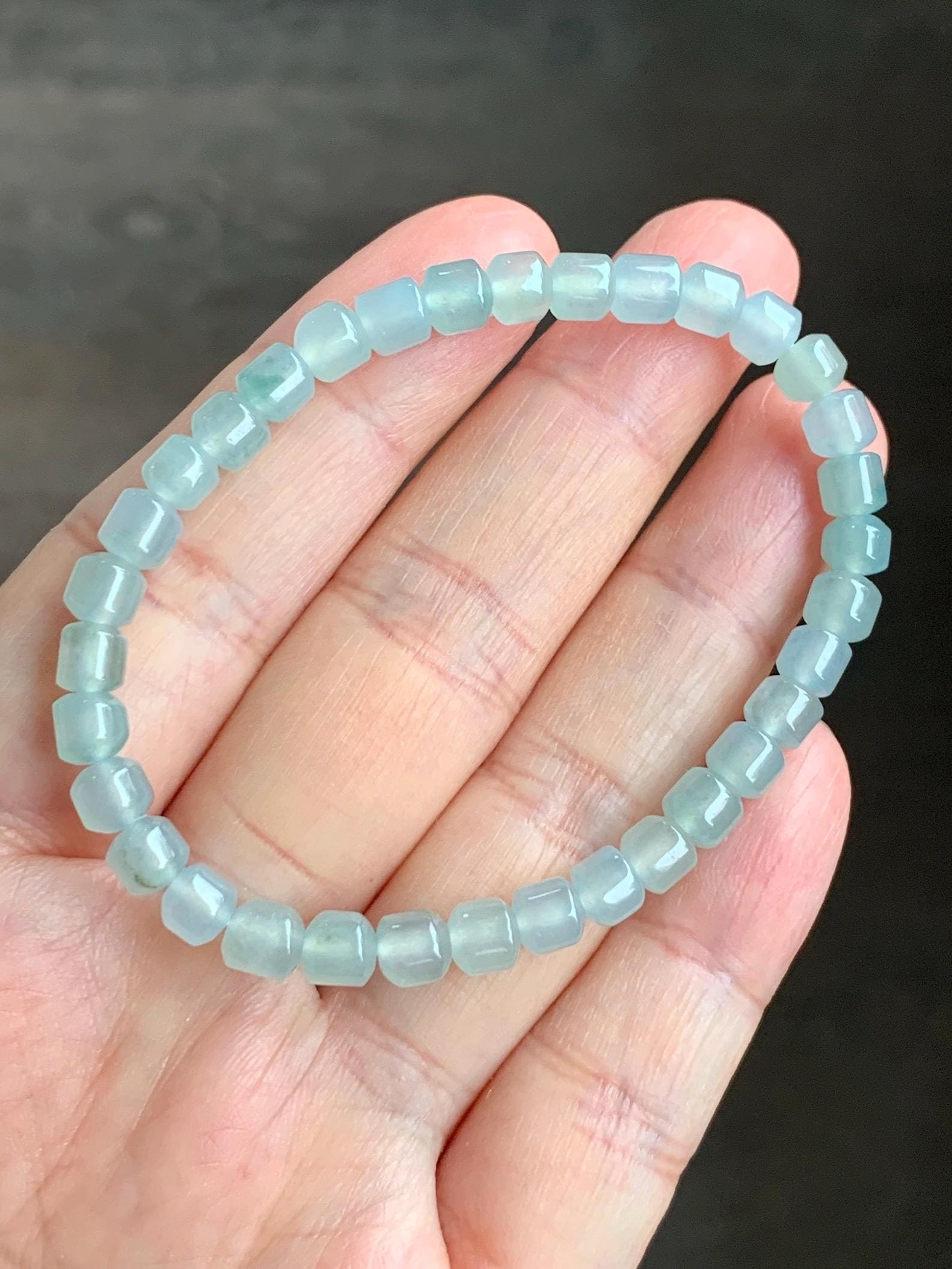 Natural Grade A Icy Highly Translucent Pastel Light Green Jadeite Modified Barrel Beads Beaded Bracelet 5.4mm 6.5" 9g 天然老种冰晴色翡翠桶珠手串 XTZ220