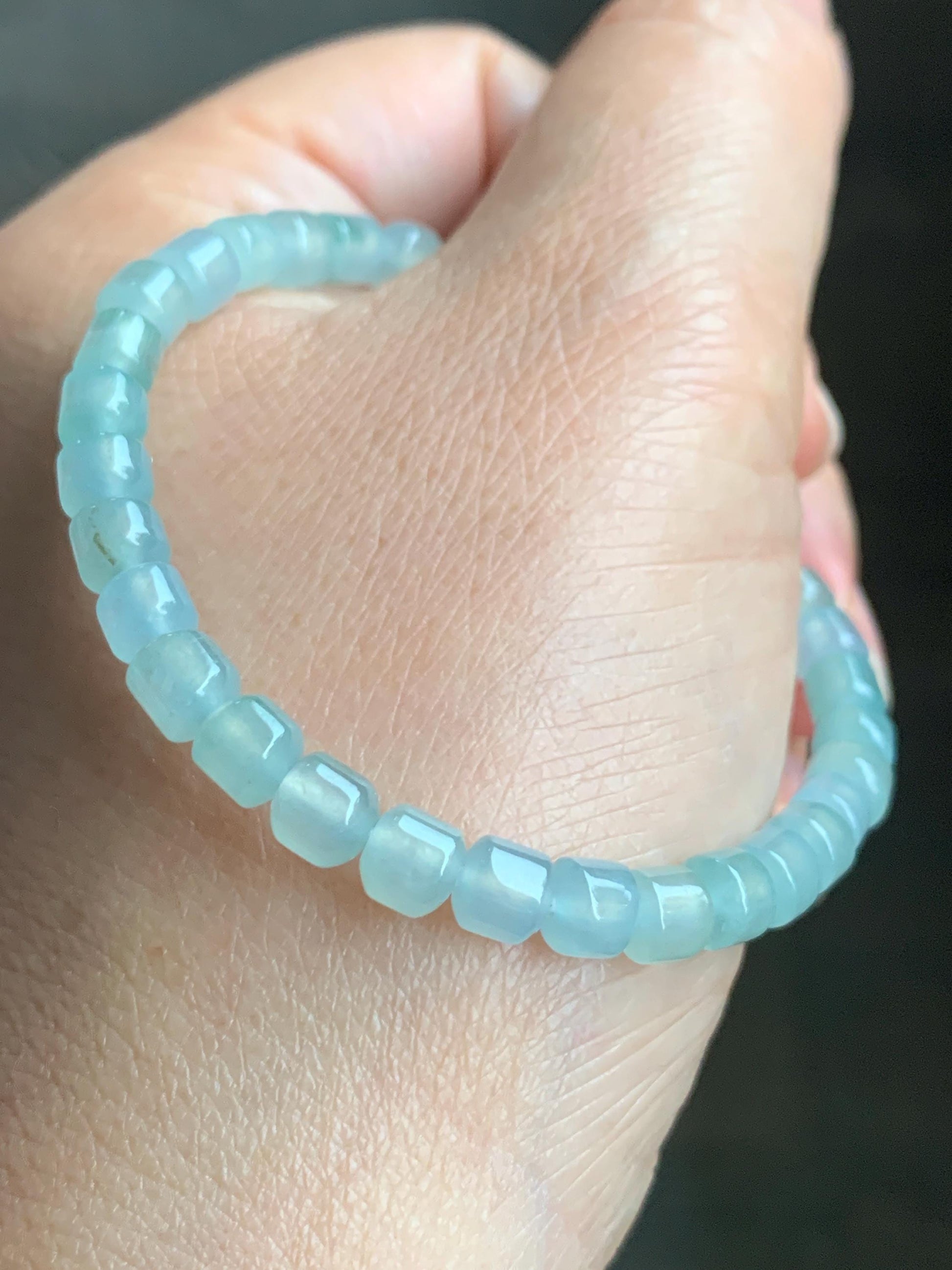 Natural Grade A Icy Highly Translucent Pastel Light Green Jadeite Modified Barrel Beads Beaded Bracelet 5.4mm 6.5" 9g 天然老种冰晴色翡翠桶珠手串 XTZ220